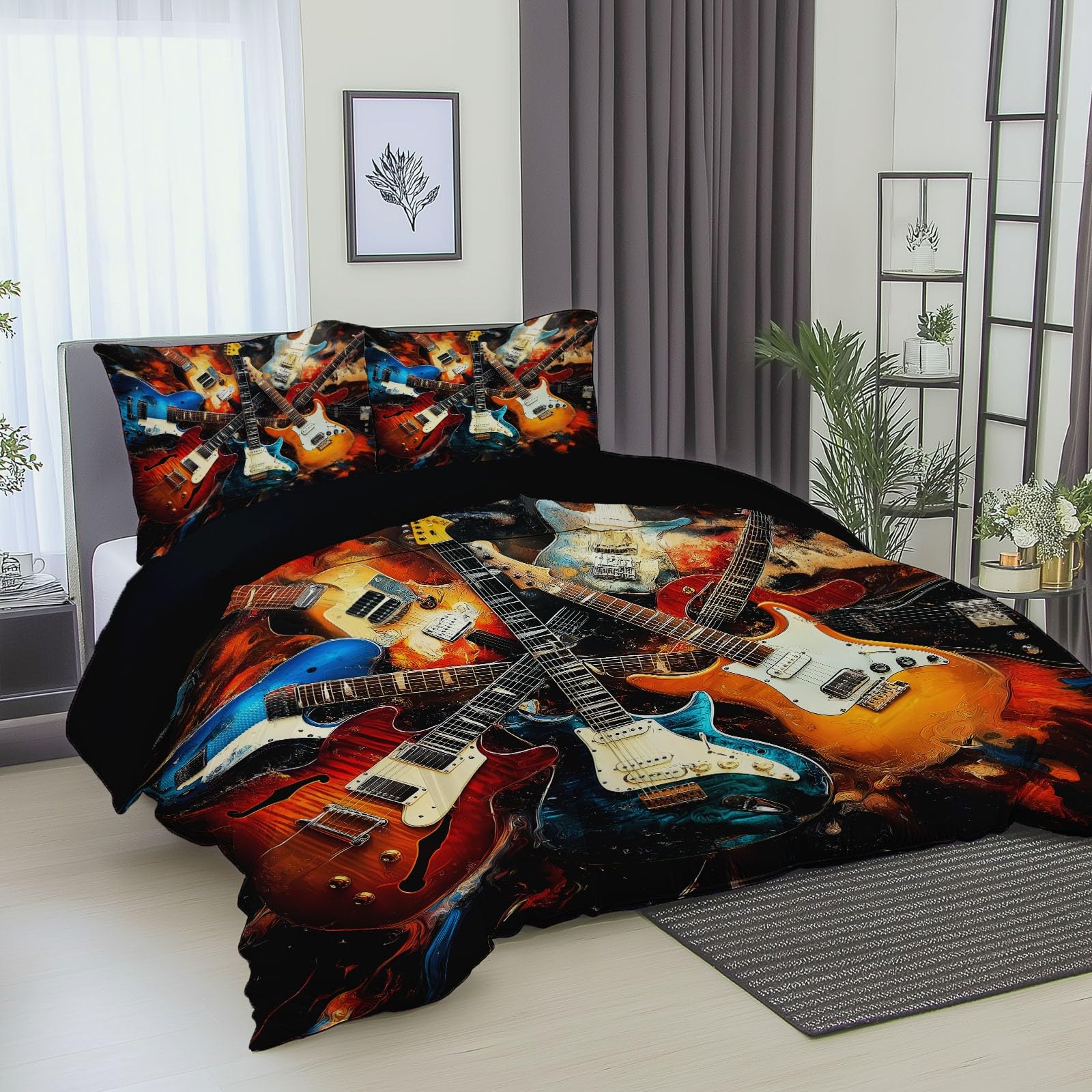 Poszwa na kołdrę 240x260 cm z mikrofibry, zestaw pościeli muzycznej z gitarą elektryczną z 2 poszewkami na poduszki w kolorze czarnym z nadrukiem dwustronnej poszwy na kołdrę na 4 pory roku
