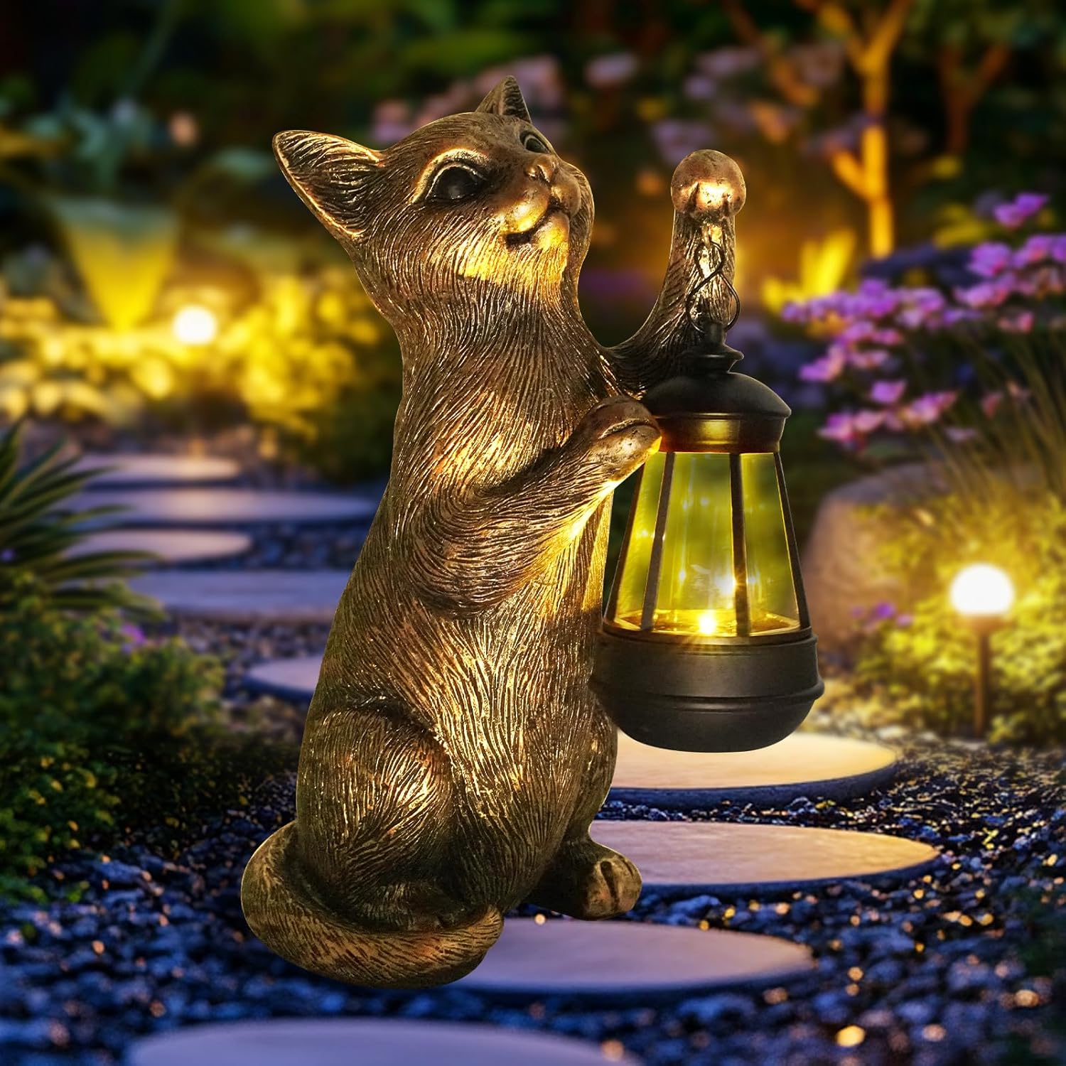 HONGLAND Cat Outdoor Statues Garden Decor, Cat Figurines Solar Lantern Lights, Birthday Gifts for Mom, Front Patio Balcony Yard Art Lawn Ornaments Porch Outdoor Decorations - Image 8