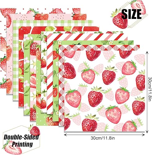 Miniatura 2 de Papel de recortes a cuadros a rayas de fresa, 24 hojas de 12 x 12 pulgadas, impresión de doble cara, bloc de papel decorativo para hacer tarjetas,