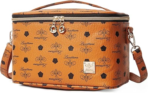LACATTURA Bolsa de maquillaje de viaje para mujer, bolsa de cosméticos de cuero, Marrón-M, Classic