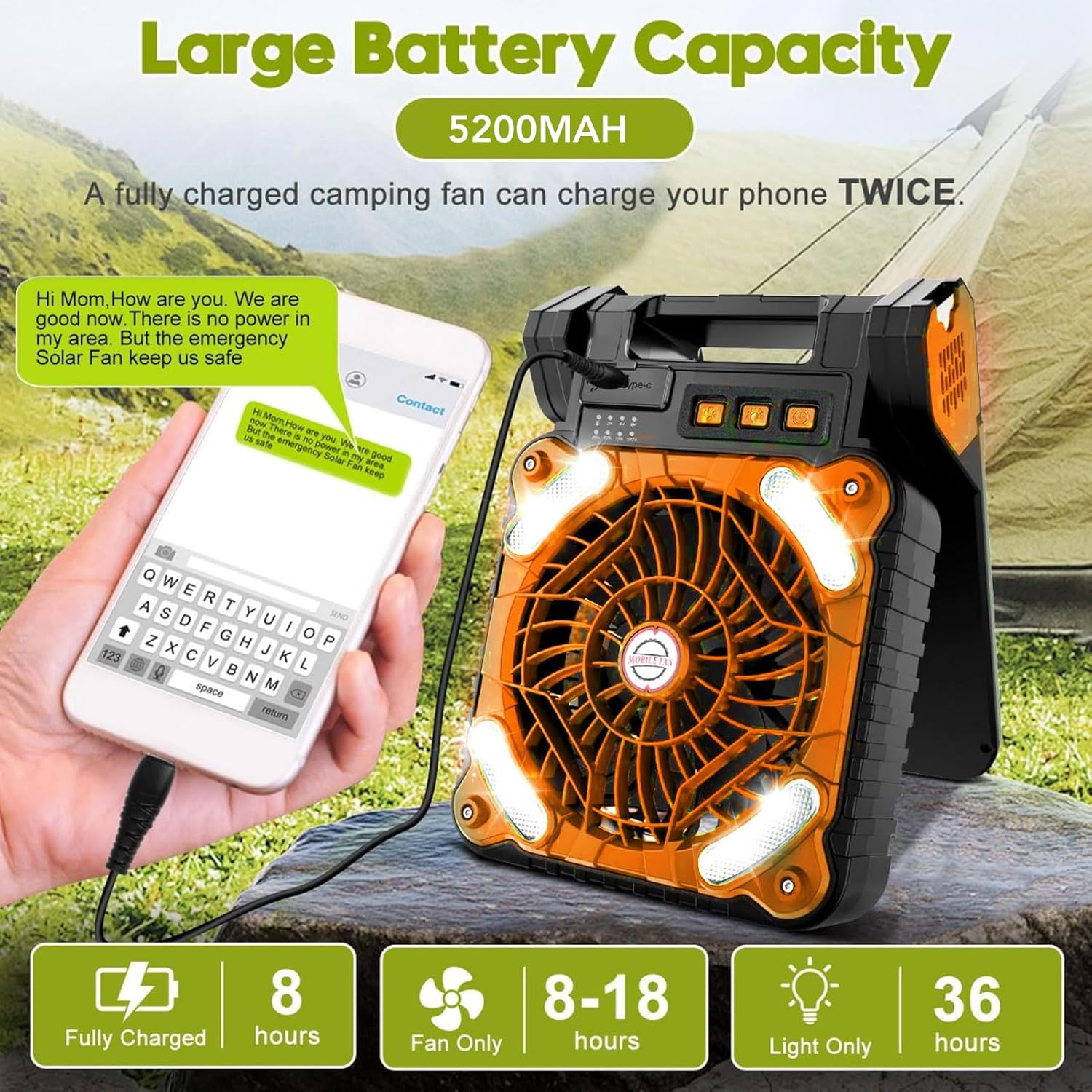 Solar Powered Fan 5200MAH 4 Speed Adjustable Brushless Motor Low Noise LED Light Timer with Power Bank Function for Camping Fishing Outdoor Activities (Orange)