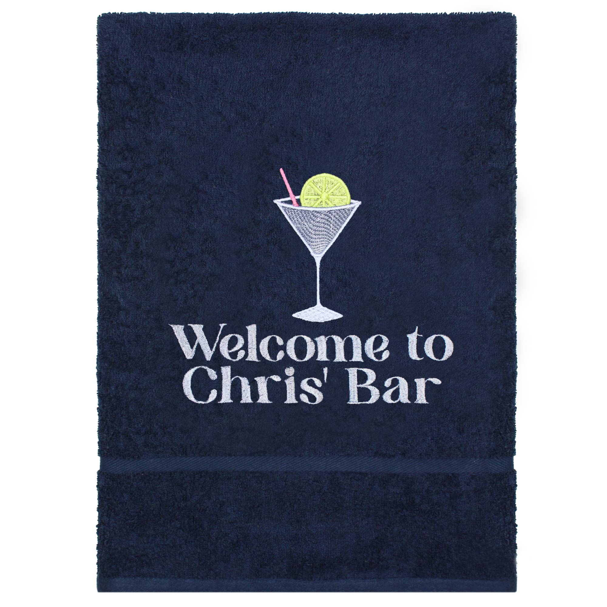 Teddyt's Pink Personalised Cocktail Bar Embroidered Navy Hand Towel 80Cm