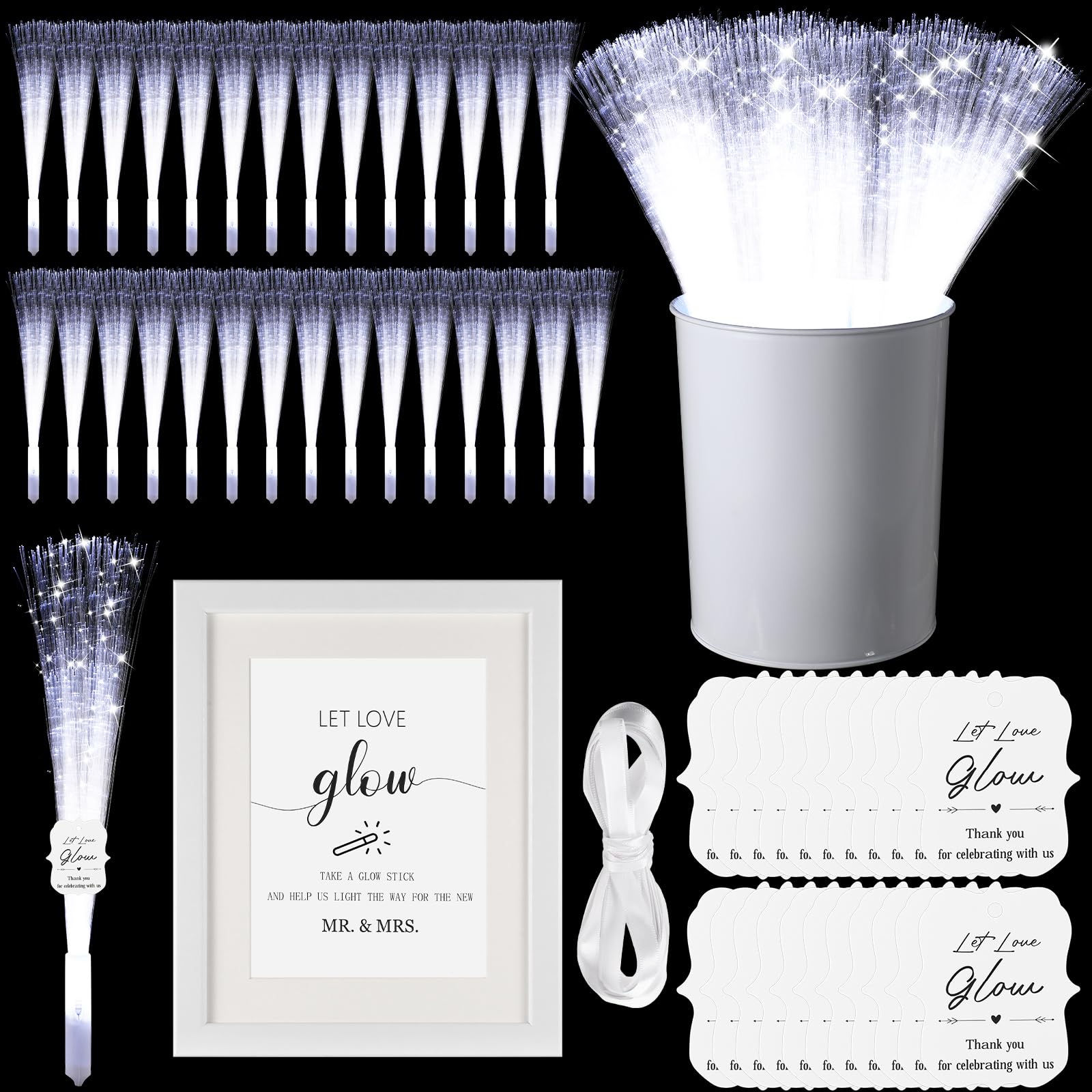 Aurelema 50 Pcs White Fiber Optic Wands with Metal Bucket Glow Sticks LED Wedding Sparklers Bulk with 50 Cards a Photo Frame a Roll of Ribbon for Wedding Bridal Shower Birthday Valentine's Gift