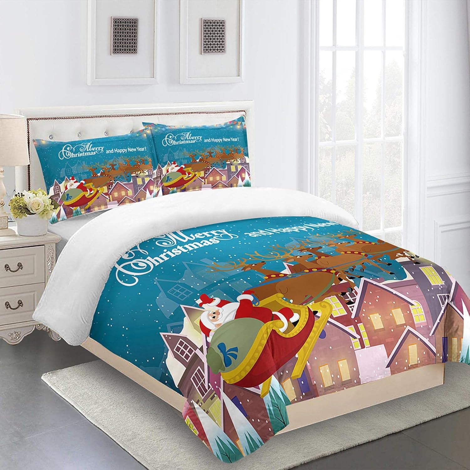 REKKNA Funda De Edredón Infantil Navidad Casas Papá Noel 260X240Cm Juego De 3 Piezas 100% Microfibra Suave Y Cómoda, Funda Nórdica, 1 Funda Nórdica + 2 Fundas De Almohada Aptas para Habitación Infan