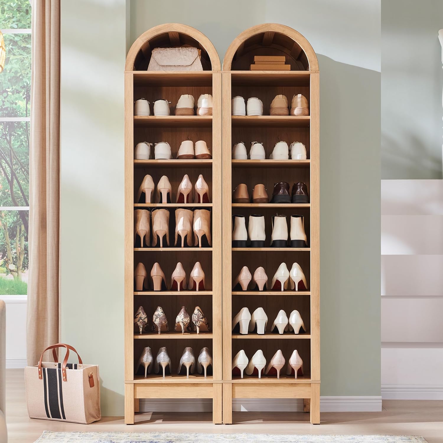 71" Tall Arched Bookshelf Set of 2, 8 Tiers Arch Bookcase with Storage, Modern Farmhouse Book Shelf with Adjustable Shelves, Wood Bookshelf w/Open Display Shelves for Living Room, Office-Natural