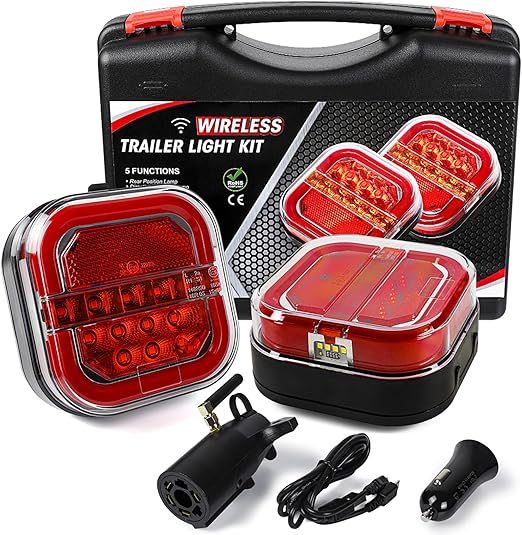 Wireless Trailer Lights, 2 Mounting Options Magnetic Trailer Light Rechargeable Towing Light Kit, 12V/24V Portable LED Tow Lights Kit for Trucks, Boat, RV
