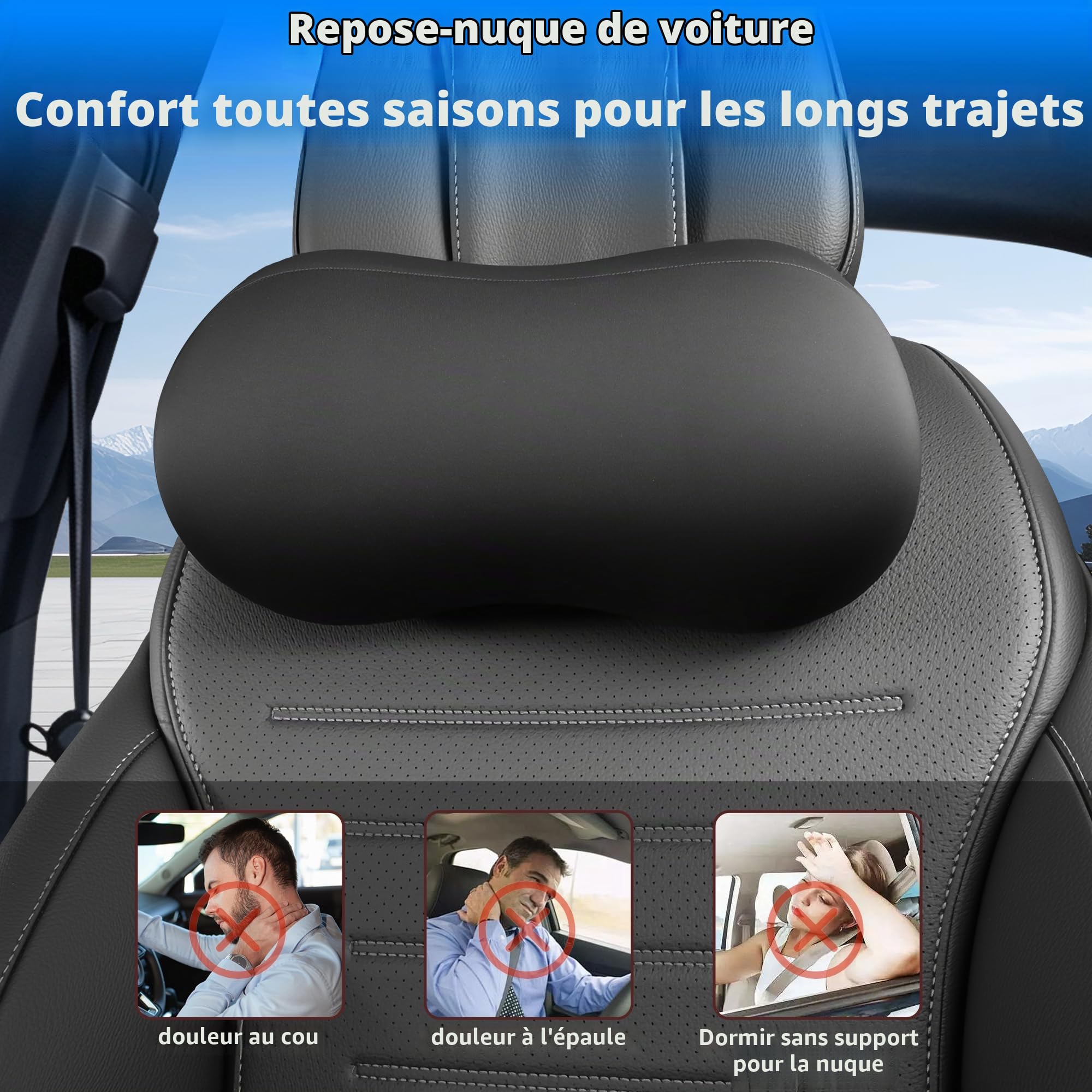 2Pc Car Headrest Coussin-Coussin de cou de voiture en cuir PU en mousse de mémoire, appuie-tête de voiture ergonomique pour le soutien à la tête et au cou, soulagement pendant la conduite et le repos
