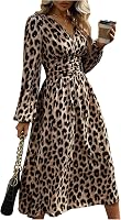 Milumia Women's Leopard Print Midi Dress - V-Neck A-Line Elastic Waist Casual Dress for Beach & Daily Wear