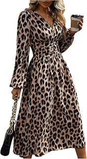 Milumia Women's Leopard Print Midi Dress - V-Neck A-Line Elastic Waist Casual Dress for Beach & Daily Wear