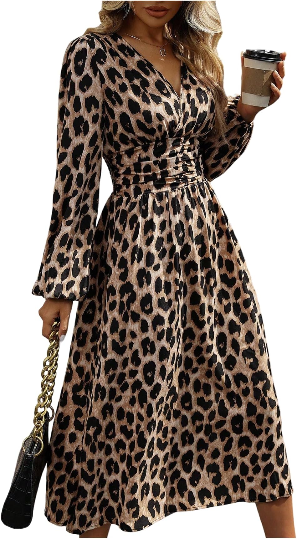 Milumia Women's Leopard Print Dress V Neck A Line Long Elastic Waist Casual Midi Dresses
