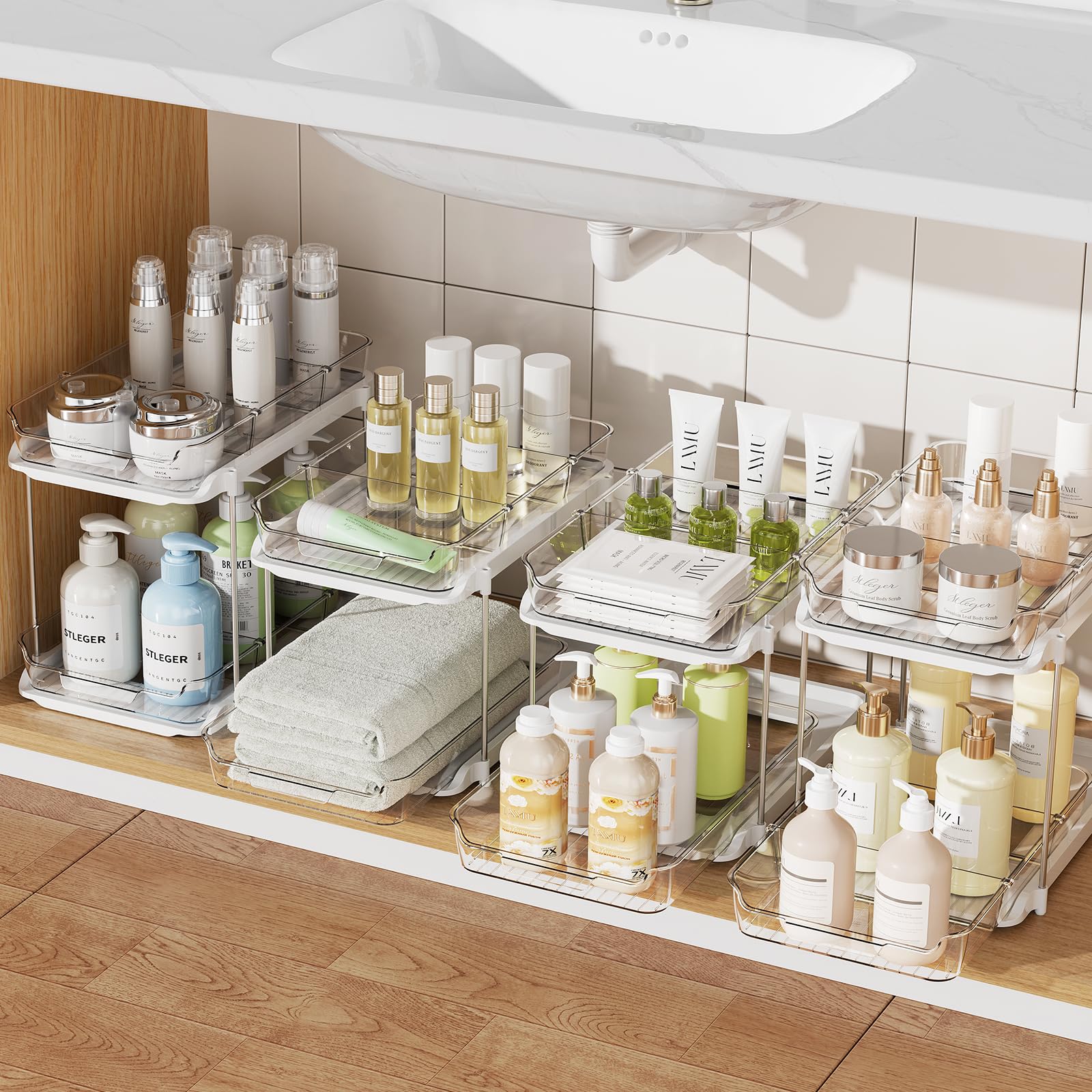 Photo 1 of ***LIKE NEW/OPEN BOX***
Delamu 4 Pack 2-Tier Bathroom Under Sink Organizers and Storage, Multi-Purpose Stackable Pantry Organization and Storage, Pull Out Clear Kitchen Bathroom Cabinet Organizer with Movable Dividers, White
