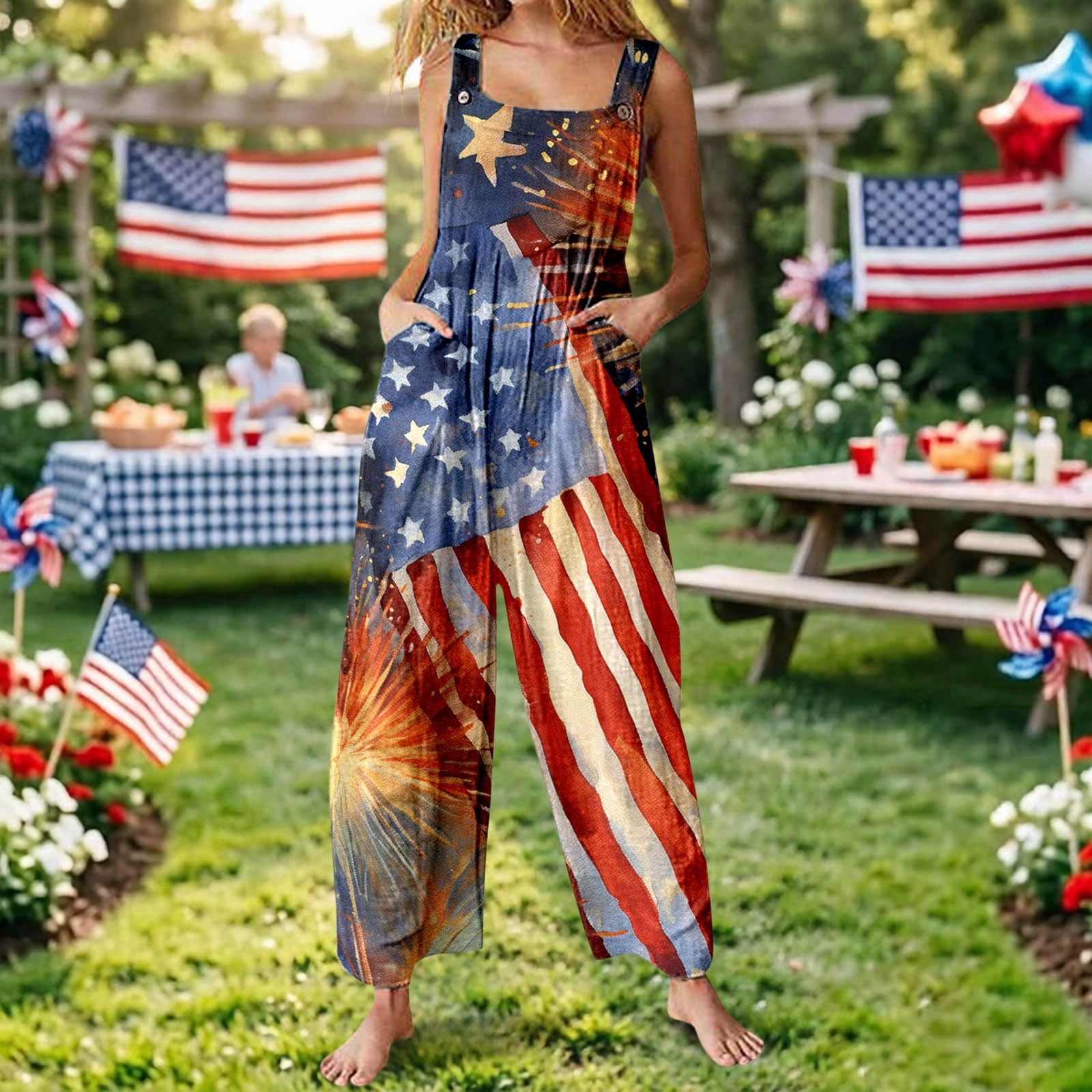 WWricotta Mono con estampado de estrellas para el Día de la Independencia: una elegante prenda sin mangas ideal para lucir en verano, mujer, pantalón corto, bolsillos, para barbacoas y celebraciones