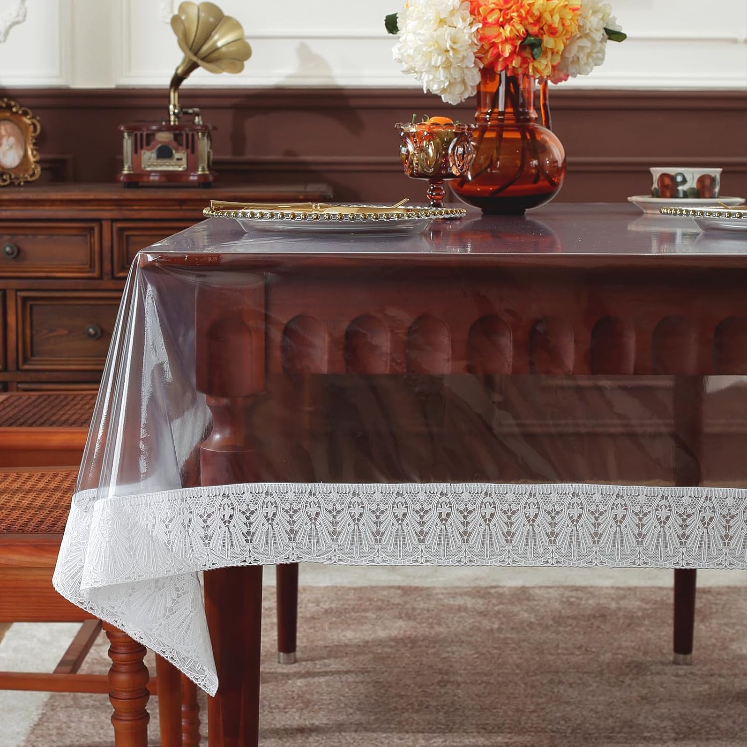 Clear Table Cover Protector Rectangle Waterproof Vinyl PVC Tablecloth with Lace Trim, Wipeable Plastic Table Cloth for Party Dining Tables, Kitchen Home (Fengweibian, 60 x 102 Inch)