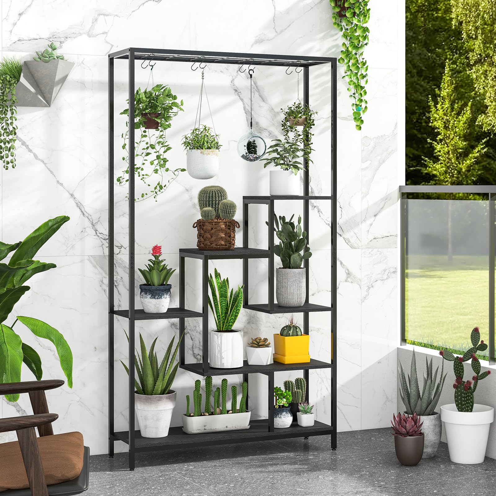 Supporto per piante da interno alto a 5 livelli, mensola per fiori in metallo ad arco da 74.8 ''con ganci appesi, esposore per vasi Bonsai di grandi dimensioni per giardino  1503