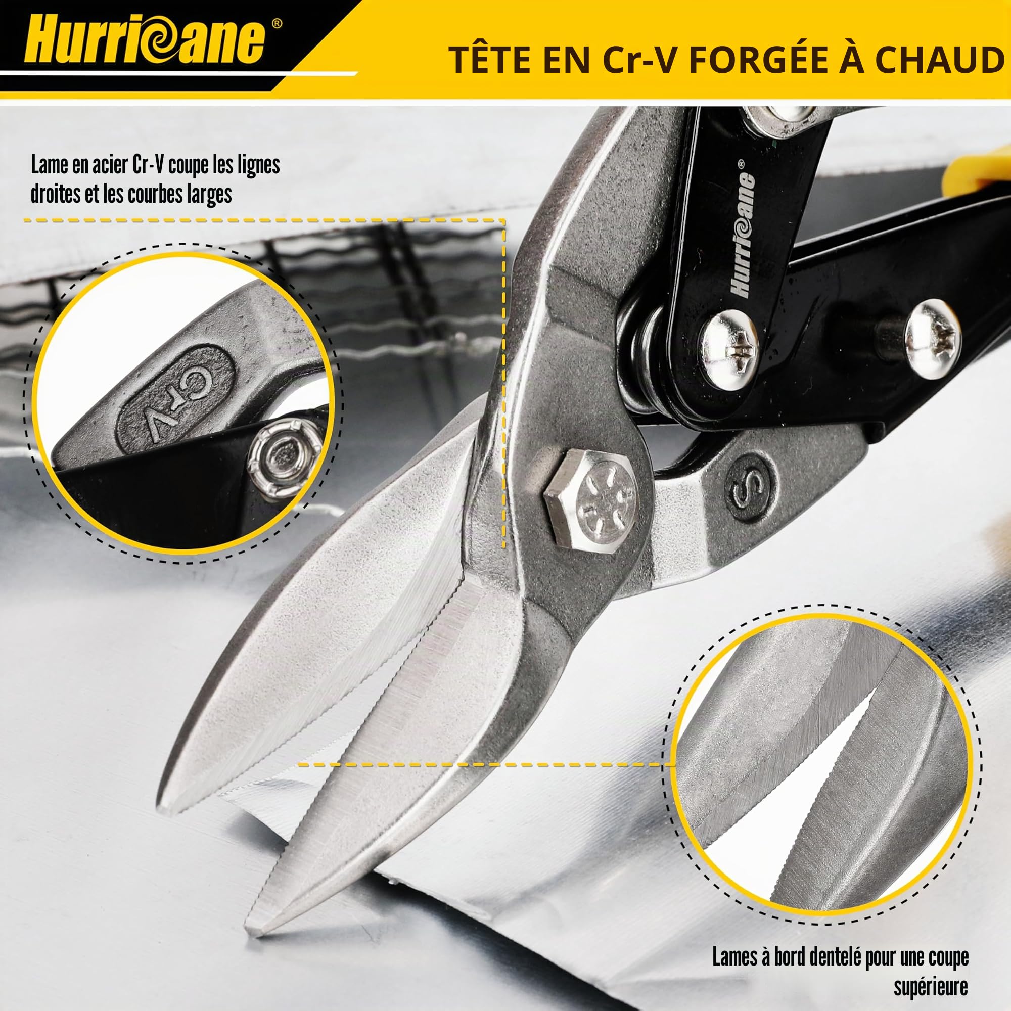 HURRICANE Lot de 3 Cisaille à métaux pour l'aviation, cisailles aviation Coupe, 254mm, acier au chrome vanadium, à droite, à gauche et droite