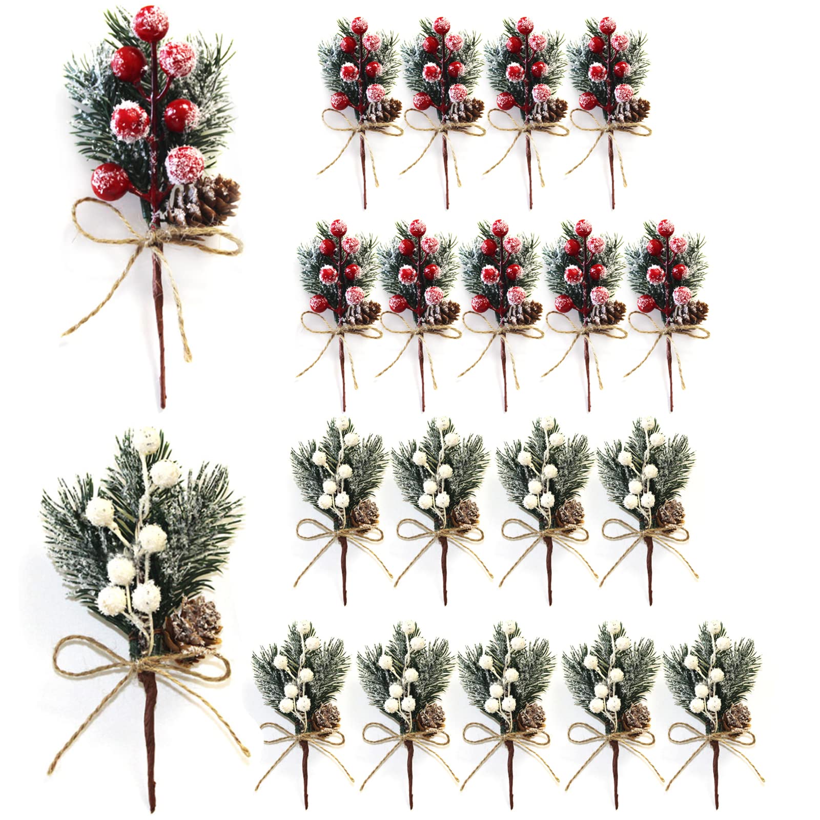 HJHIWE Berry Stems Pine Branches 20Pack, Christmas Picks Spray Artificial Pine Cones Holly Stem Craft, Winter Holiday Floral Picks Holly Stem for Xmas Garland Wreath Ornaments.