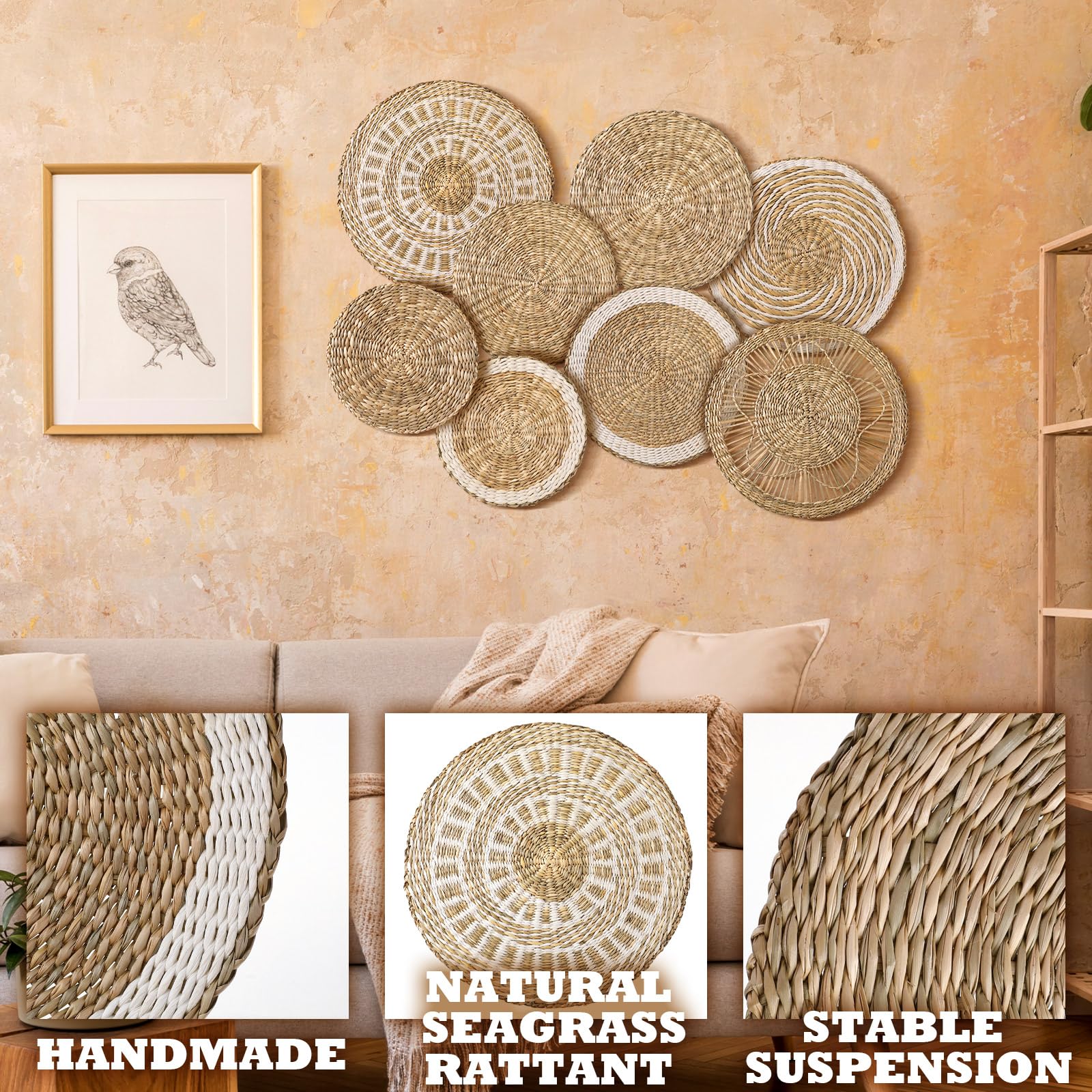 Xuhal Juego de 8 cestas de pared tejidas para colgar, hechas a mano, rústicas, bohemias, hechas a mano, cesta redonda de mimbre para el hogar, cocina, granja, mesa, sala de estar