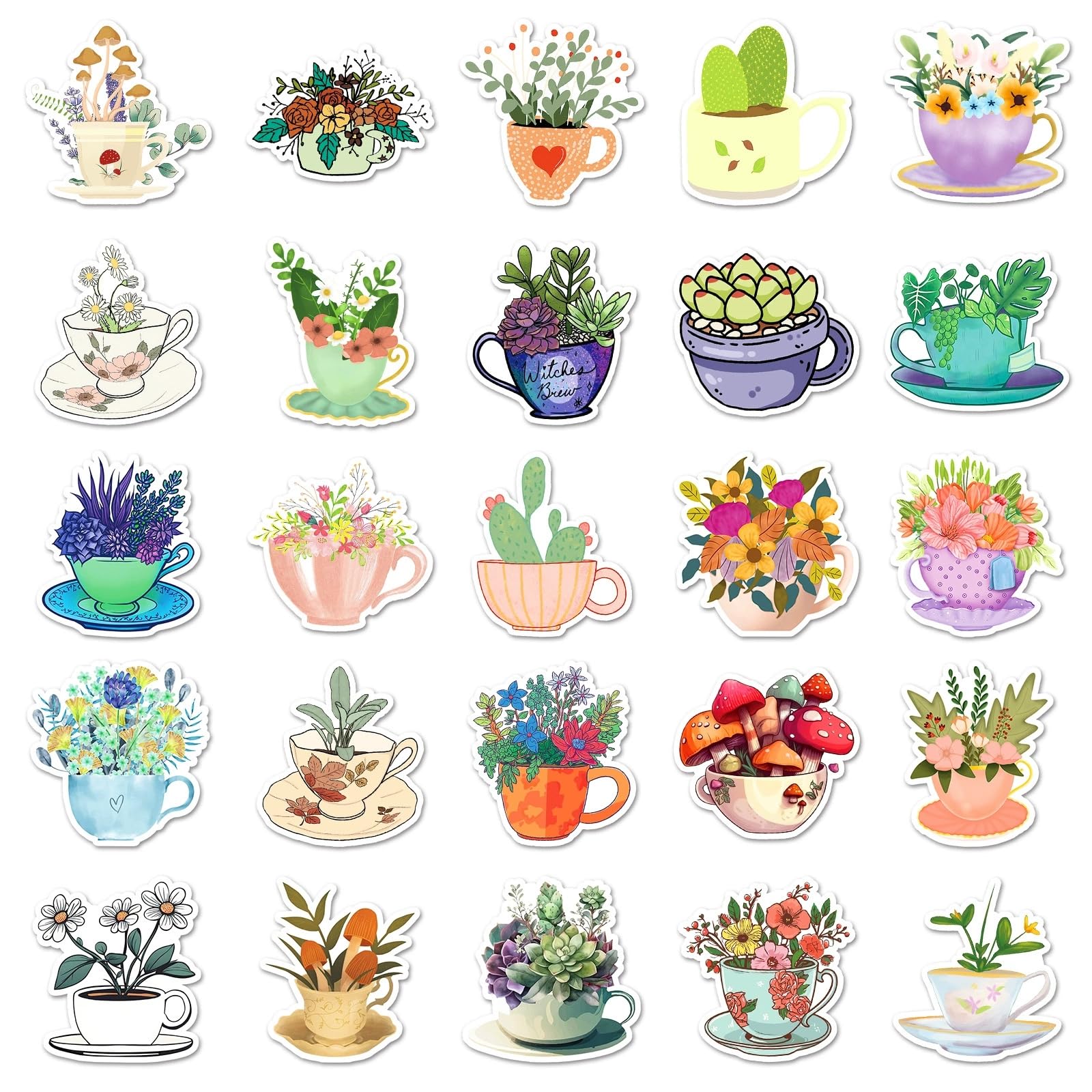 50 Pcs Tea Cup Stickers for Water Bottle Waterproof Sticker for Laptop Skateboard Phone Car Decals for Teens Adults for Party Favors Supplies Decor (Teacup Stickers) - Image 2