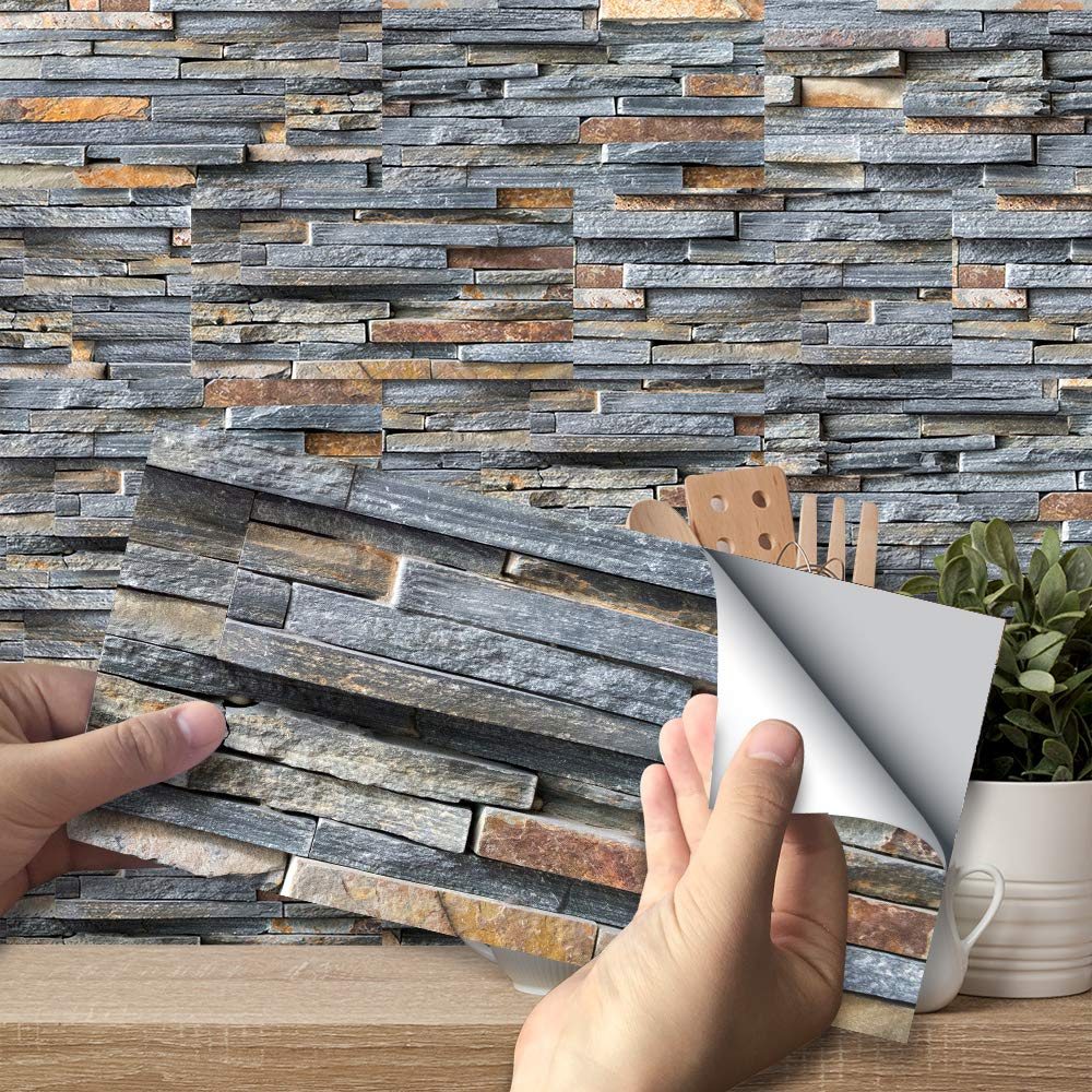 funlife 27Pcs Grey Tile Stickers Vinyl Peel and Stick Self-Adhesive Splashback Kitchen Decor Rustic Stone Brick, 20X10cm