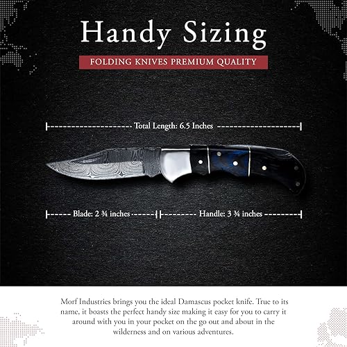 Miniatura 5 de Morf Steelware - Cuchillo de bolsillo de acero de damasco, hecho a mano, cuchillo de bolsillo pequeño para exteriores, camping, senderismo, hoja de