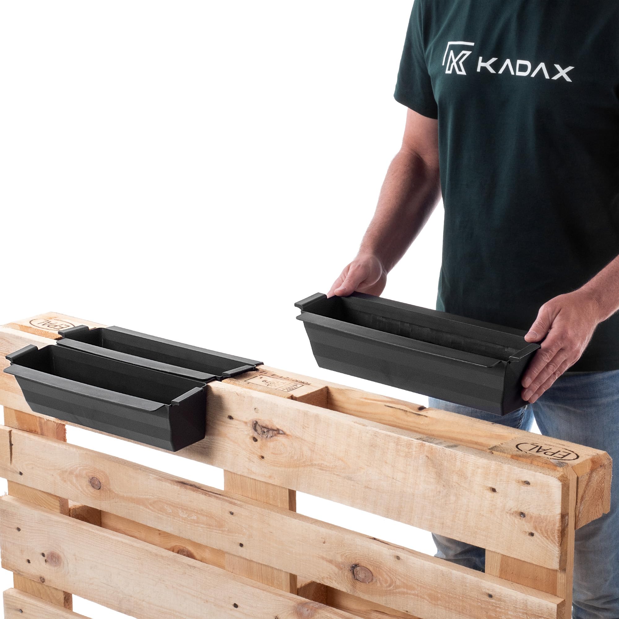 KADAX Set de 12 jardineras para paletas con sistema de suspensión, 37x9 cm Negro, para plantar y decorar como macetero de balcón, maceta para paleta europea, inserto de maceta y maceta decorativa en