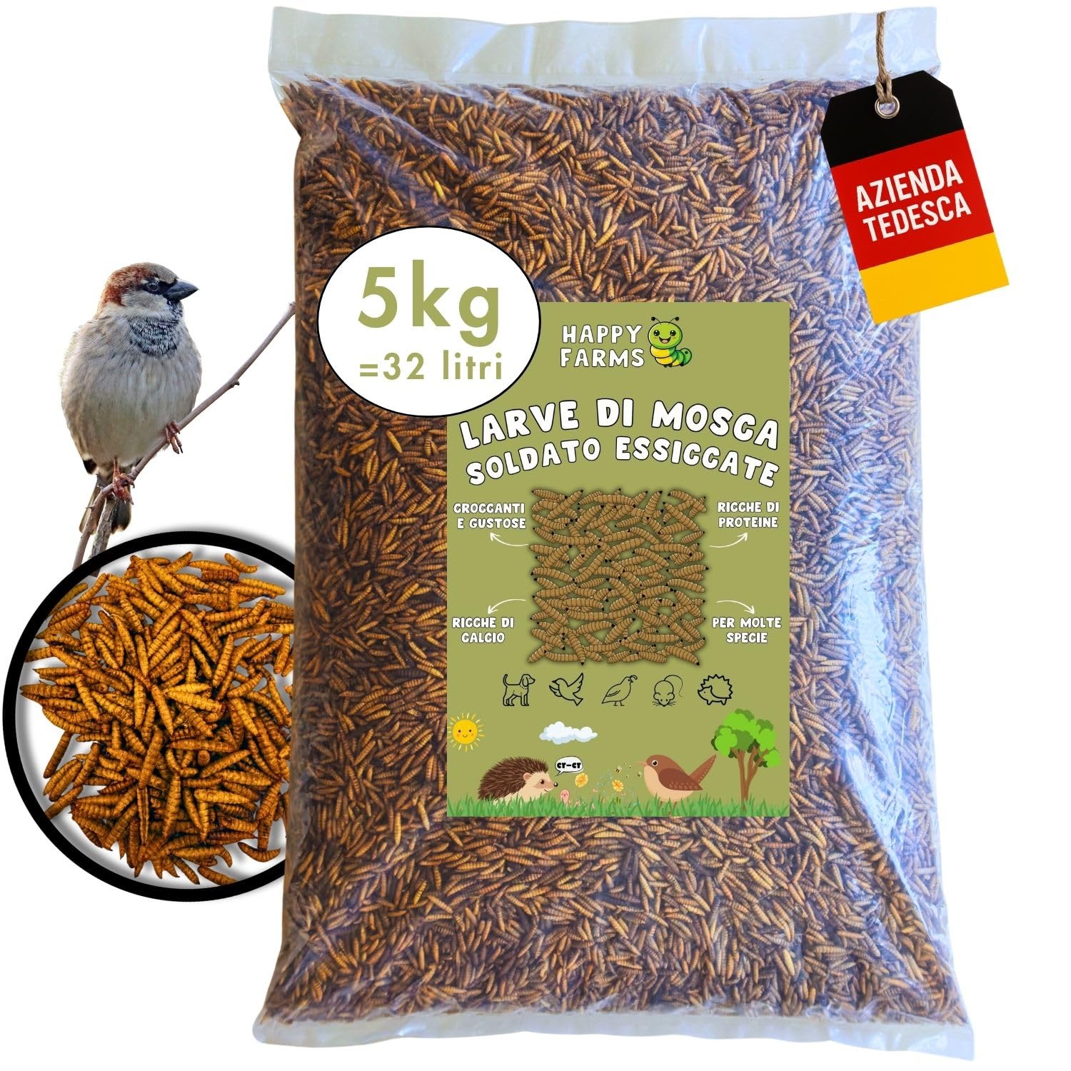 Larve di mosca soldato essiccate – Più calcio rispetto ai vermi della farina! 5 kg di cibo per insetti per uccelli selvatici, pesci e ricci