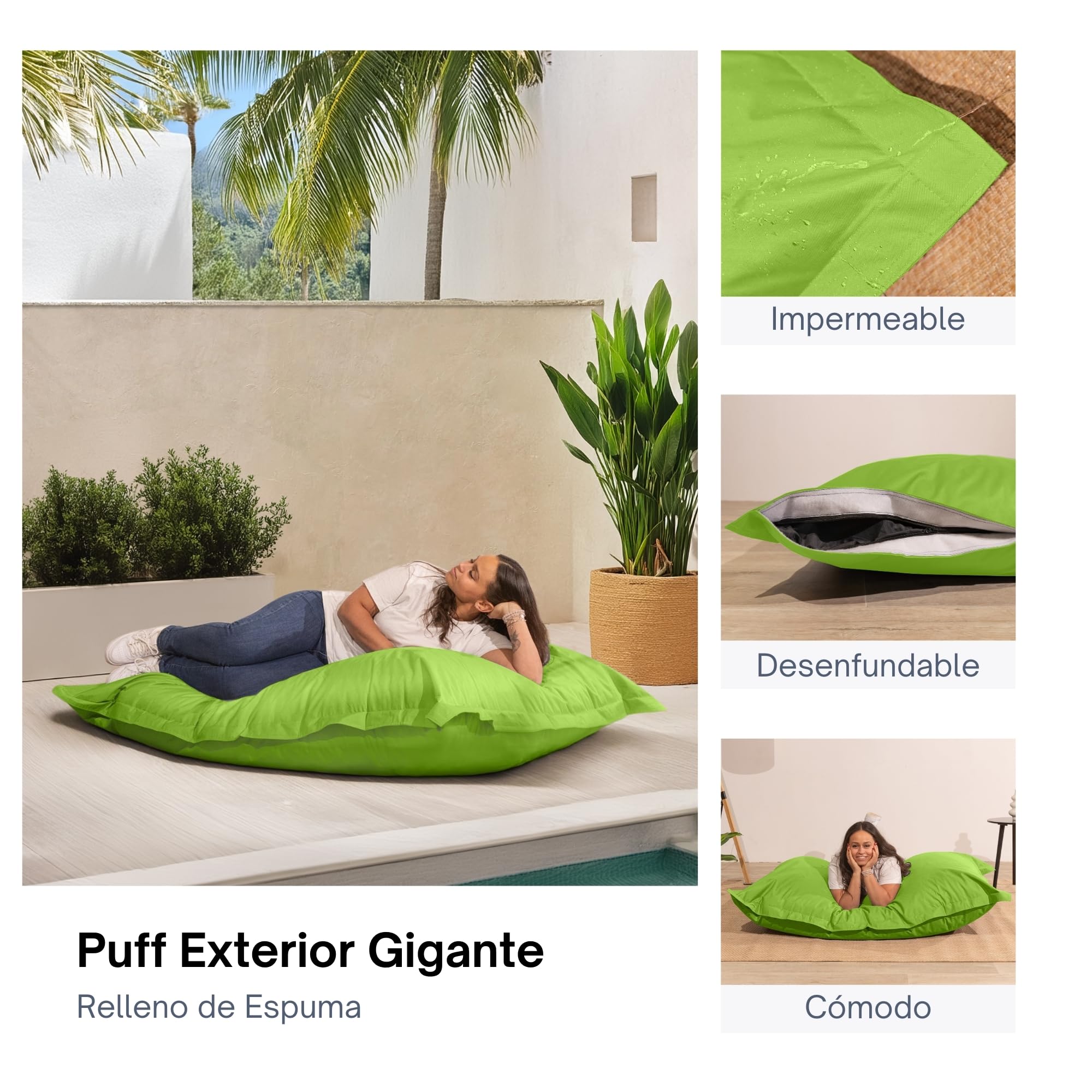 bananair - Puff Exterior Gigante con Relleno de Espuma Incluido - Tela Impermeable y Anti-UV - Cómodo y Versátil - Funda Lavable - Puff/Bean Bag XXL para Jardín (180 x 140 cm, Verde)