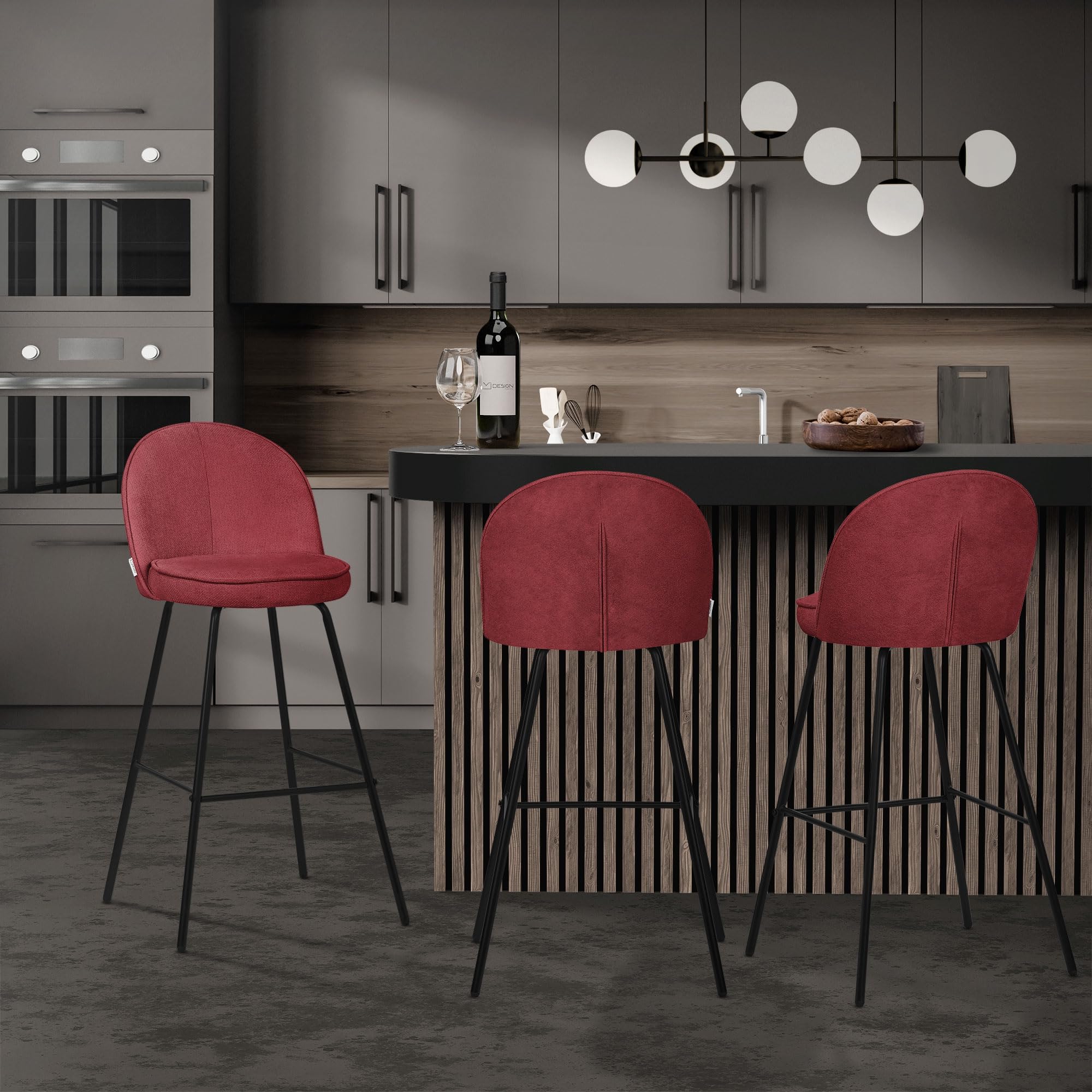 ML-Design Set di 4 Sgabelli da Bar Rosso con Rivestimento in Tessuto, Altezza 75 cm, Struttura in Metallo, con Schienale e Poggiapiedi, Sedia Alta Imbottita da Cucina, Sgabello da Bistrot o Bancone