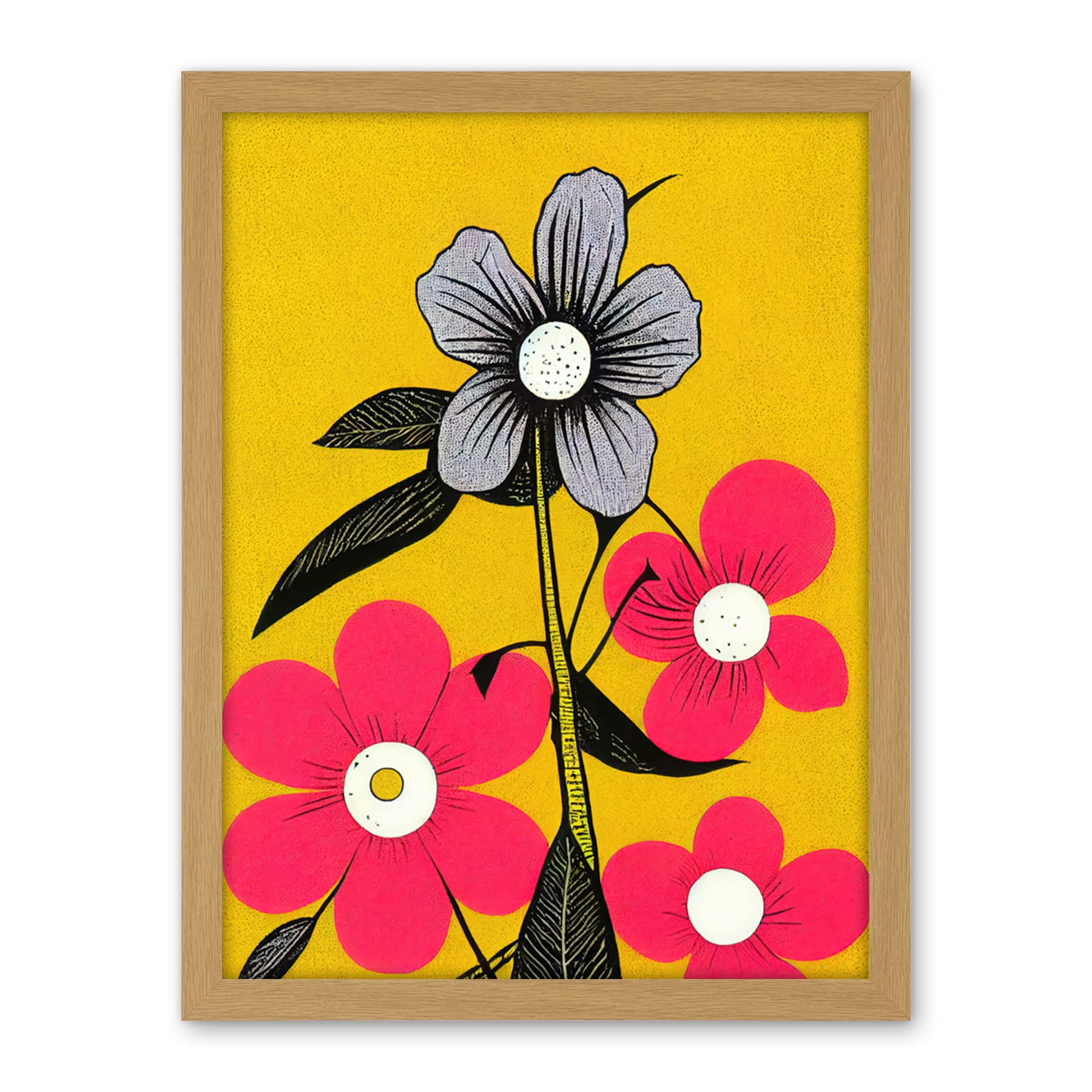 Wee Blue Coo Bold Flowers Linocut Pink and Mustard Yellow Print Artwork Framed Wall Art Print 18X24 Inch