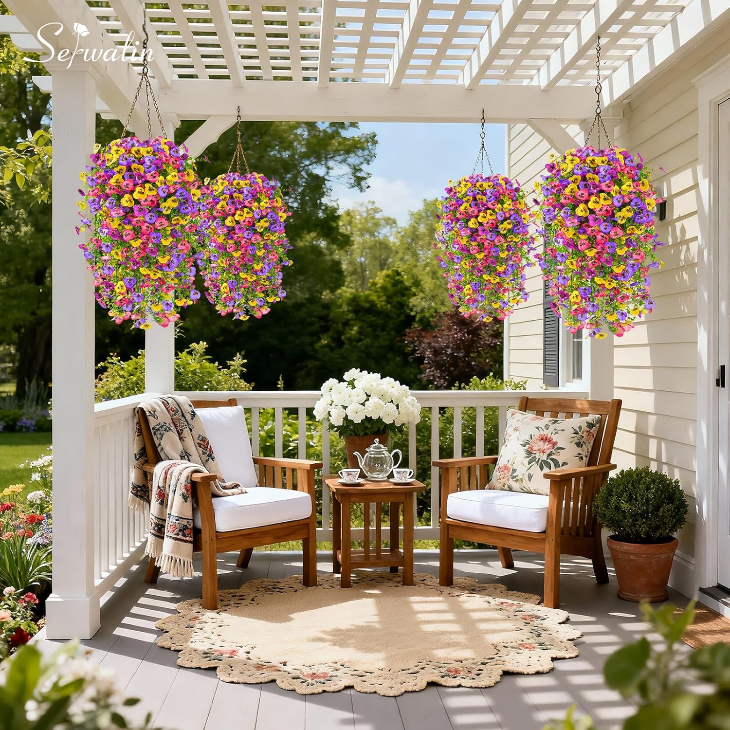 Serwalin Artificial Fake Hanging Flowers for Outdoors Planters,12PCS UV Resistant Faux Pansy Spring Flowers for Outside Porch Patio Garden Window Box (Mixed Colors)