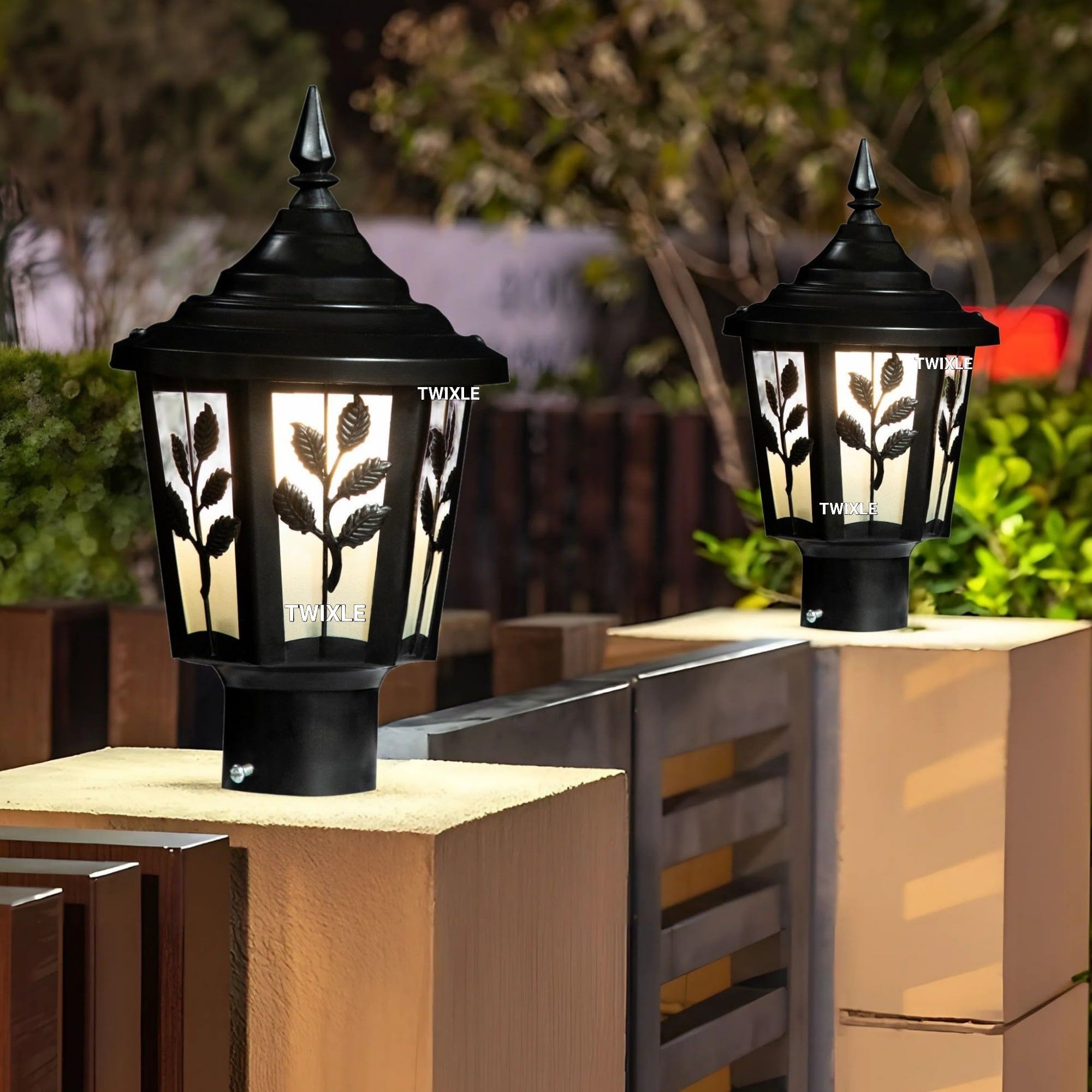TWIXLE Outdoor Garden Lamp, 30 cm Height, Metal & Glass, Black, 5-Leaf Pattern, B22 Base (Pack of 2 with Bulb)-image-13