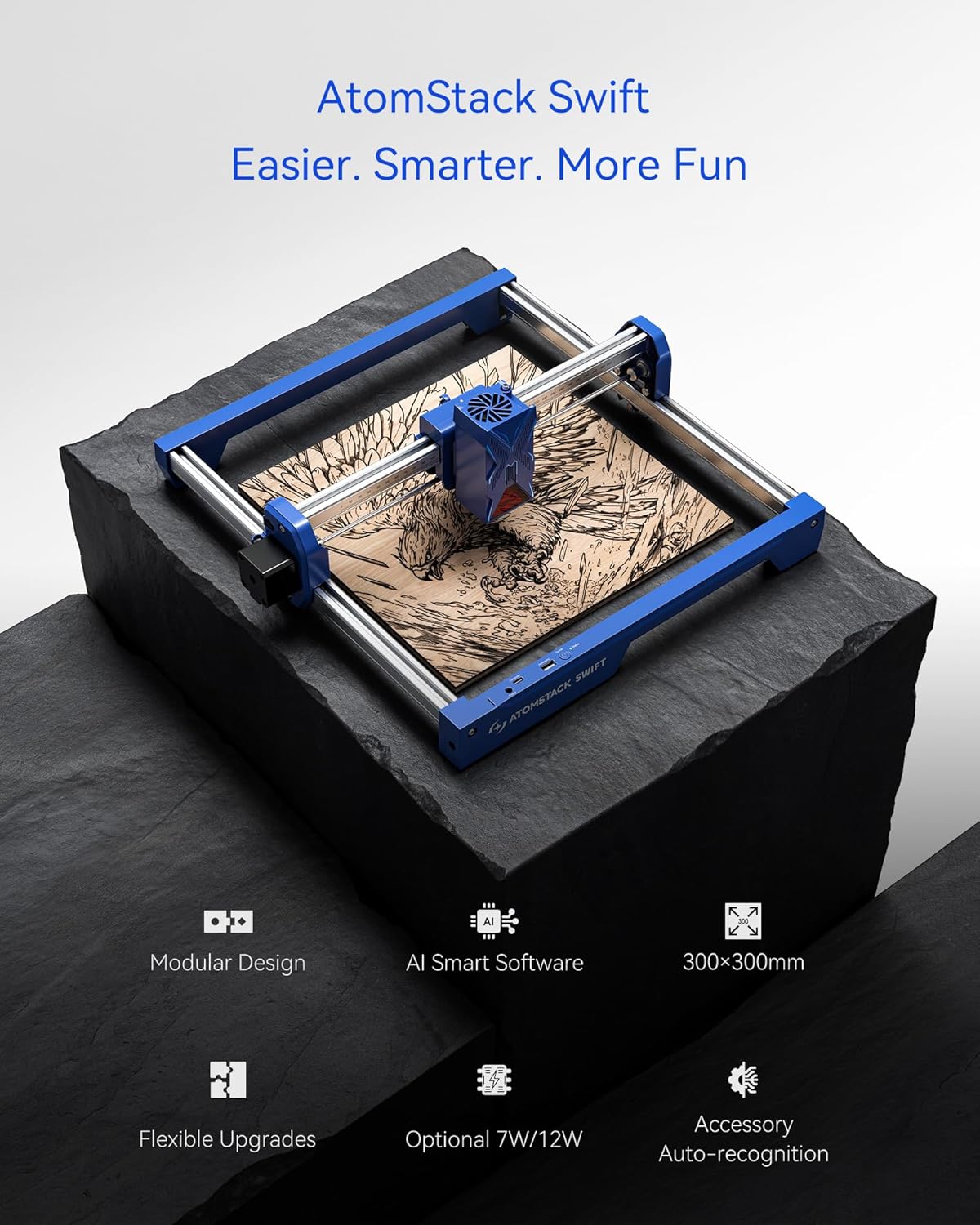 ATOMSTACK Swift 7W Laser Engraver, Swift 7W Laser Cutter, 0.06mm High Accuracy Laser Engraving Machine for Wood and Metal, Dark Acrylic, Glass, Leather