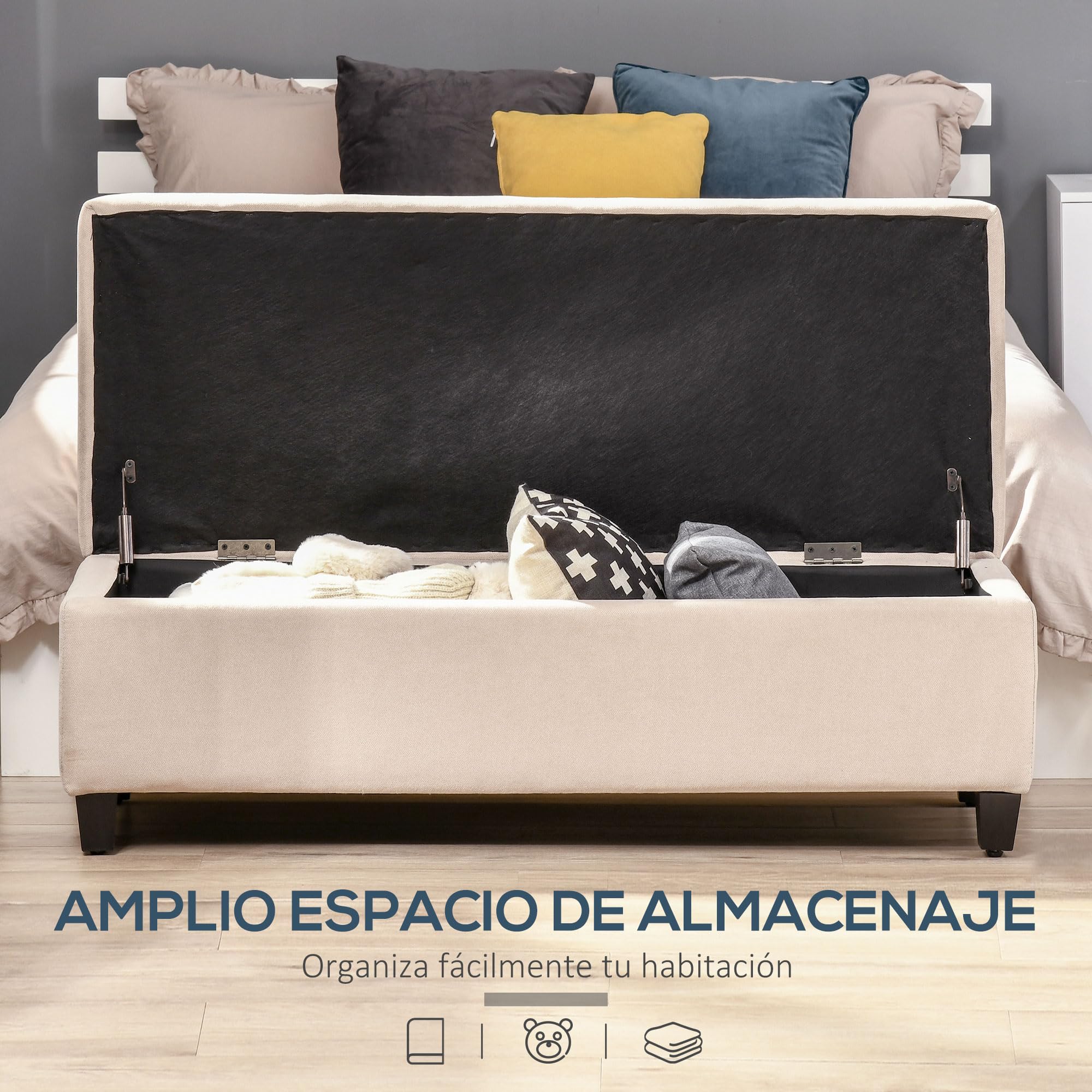 HOMCOM Banco de Almacenamiento Acolchado Puff de Almacenaje Taburete Tapizado en Lino con Tapa Abatible para Salón Entrada Dormitorio Carga 120 kg 125x49x41,5 cm Beige