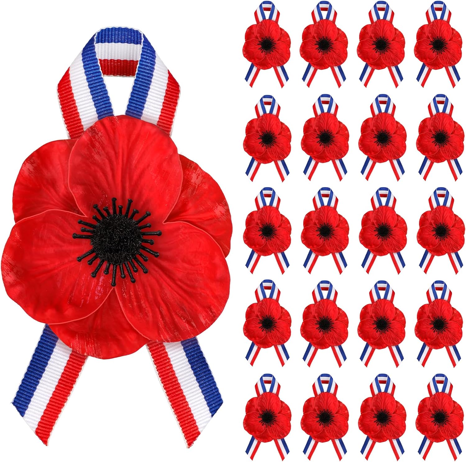 20 Sets 3.15 Inch Memorial Day Poppy Pins with National Flag Ribbon Remembrance Poppy Pins Memorial Day for Veterans Remembrance Supplies