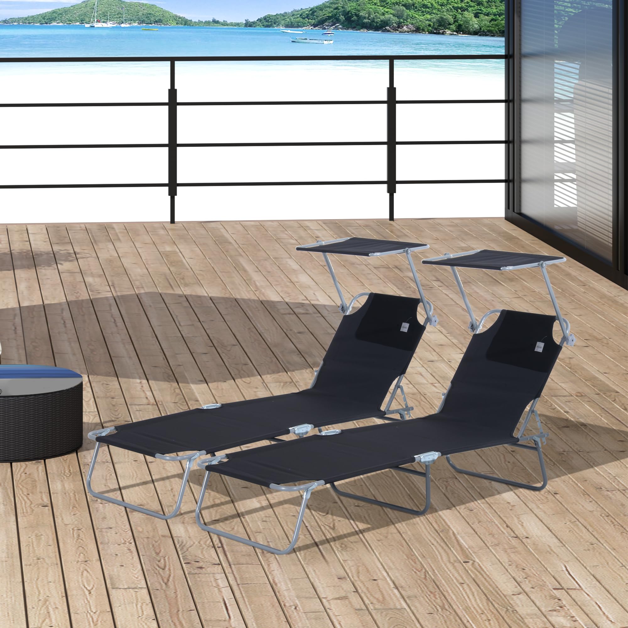 Outsunny Lot de 2 Transats Pliable Dim. 187L x 58l x 36H cm Noir