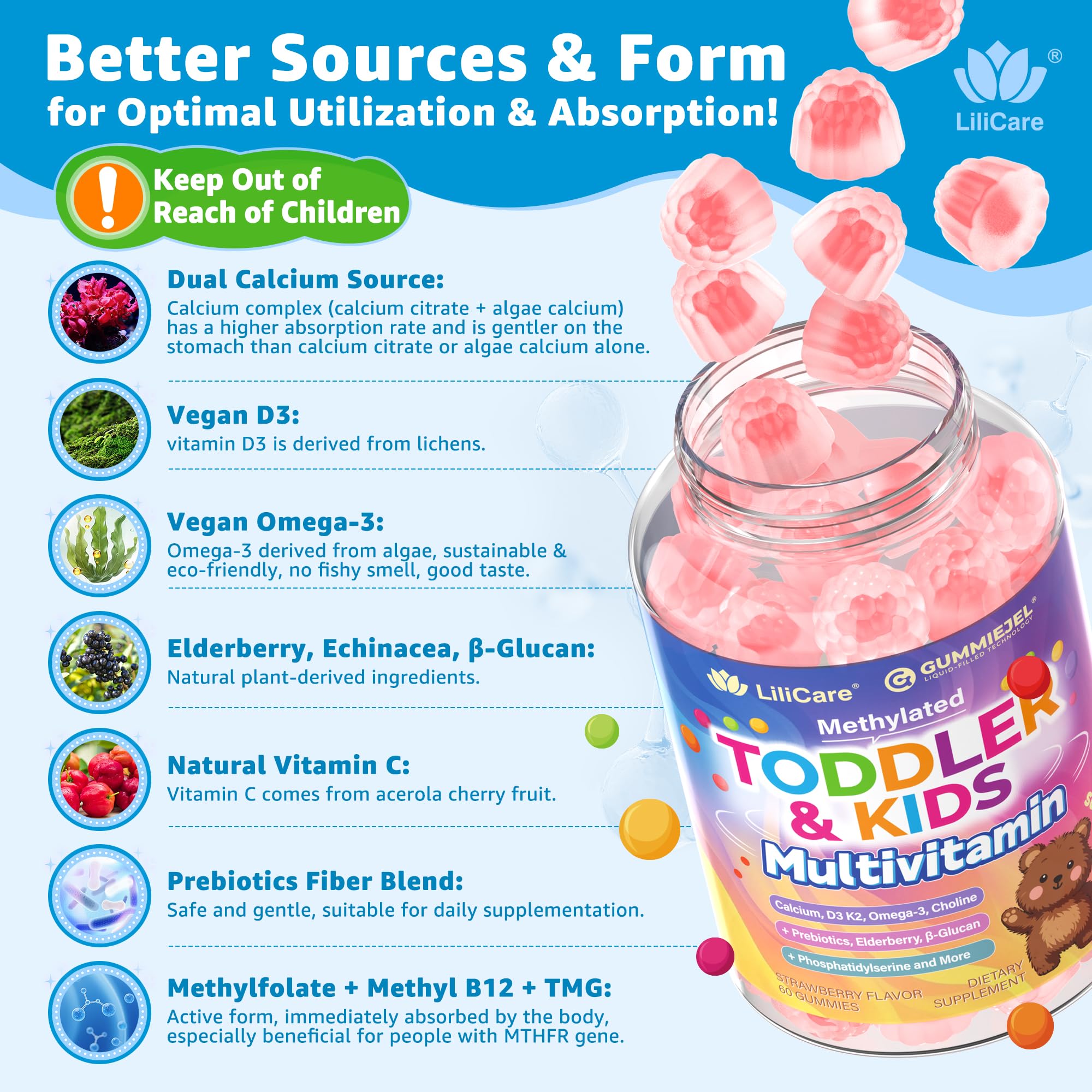 Toddler 2-3 & Kids 4+ Multivitamin Gummies w/ Iron, Omega-3, ARA, Calcium, Prebiotic, Methylated Picky Eater Vitamins for Kids 2+ Growth & Development | Vitamin C, D3 K2, B12, Methylfolate, Sugar Free — Amazon image 6