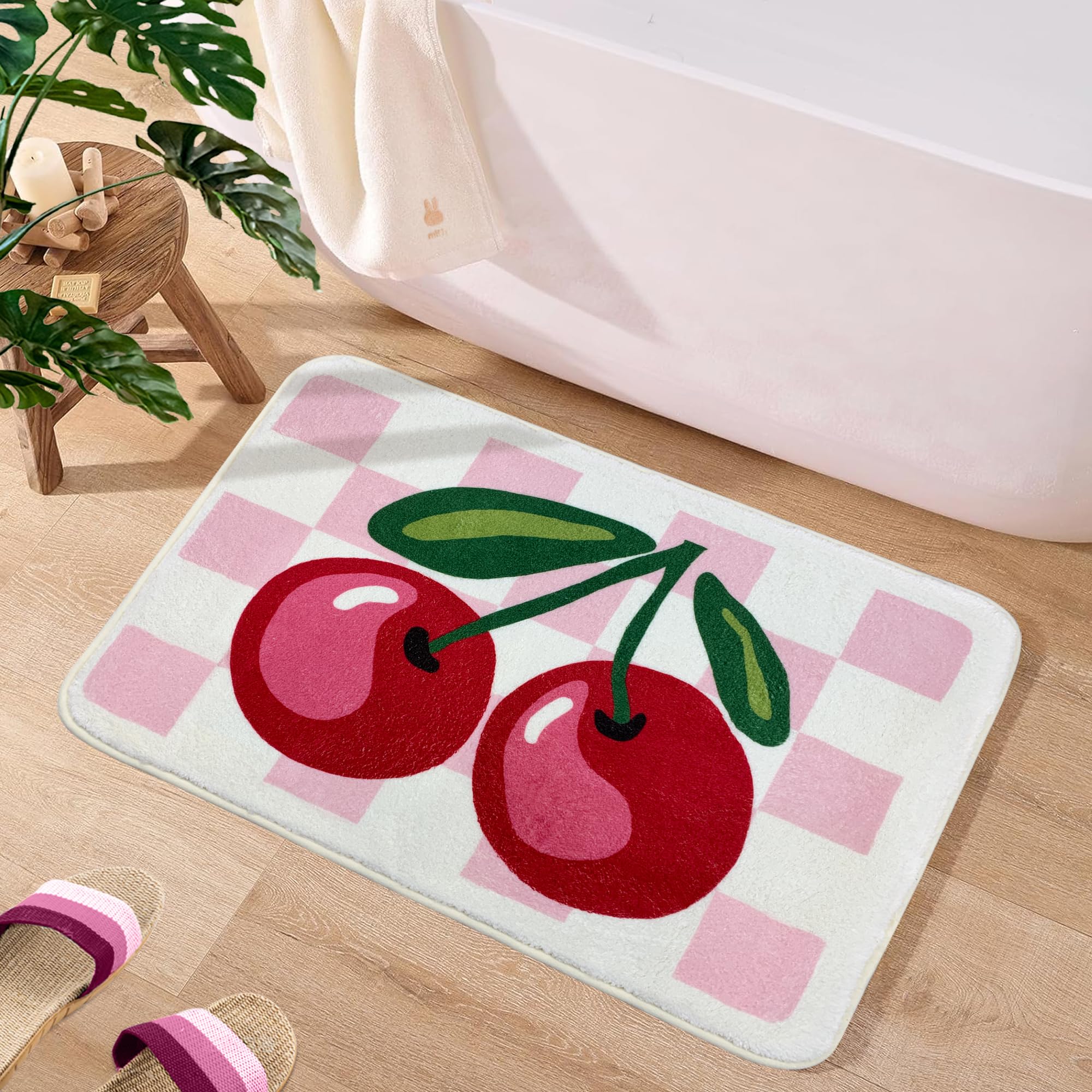SHIYUE Cute Cherry Bath Mat for Bathroom Checkered, Non Slip Extra Soft Fluffy Absorbent Microfiber Fun Shower Decor (Pink 18"x26")