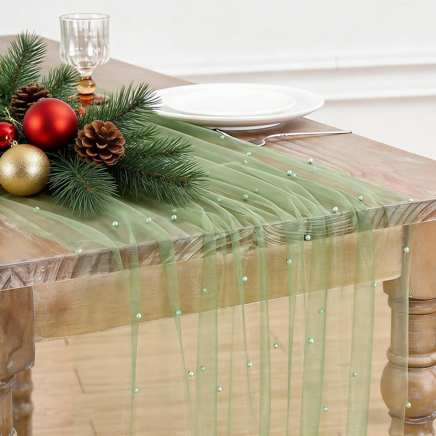 Tulle Pearl Table Runner Lace: 10ft Tulle Runners Romantic Sheer Tables Cover 12pcs Decorative Fabrics for Wedding Arch Dessert Table Decorations Sage Green