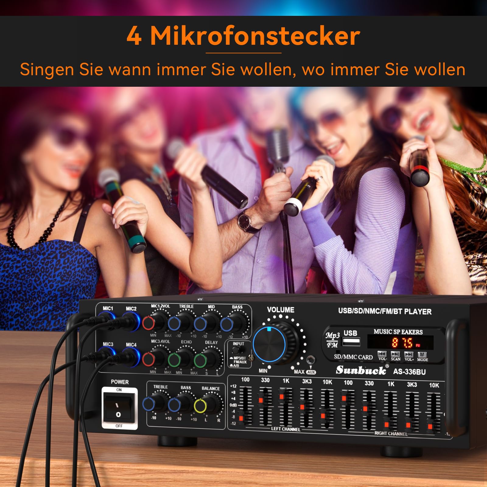 Amplificador Hifi estéreo con Bluetooth 5.0, 2000 W, receptor de audio, karaoke FM USB SD AUX, preamplificador Hifi 5 bandas, mezclador ecualizador de 5 bandas, 4 entradas de micrófono,