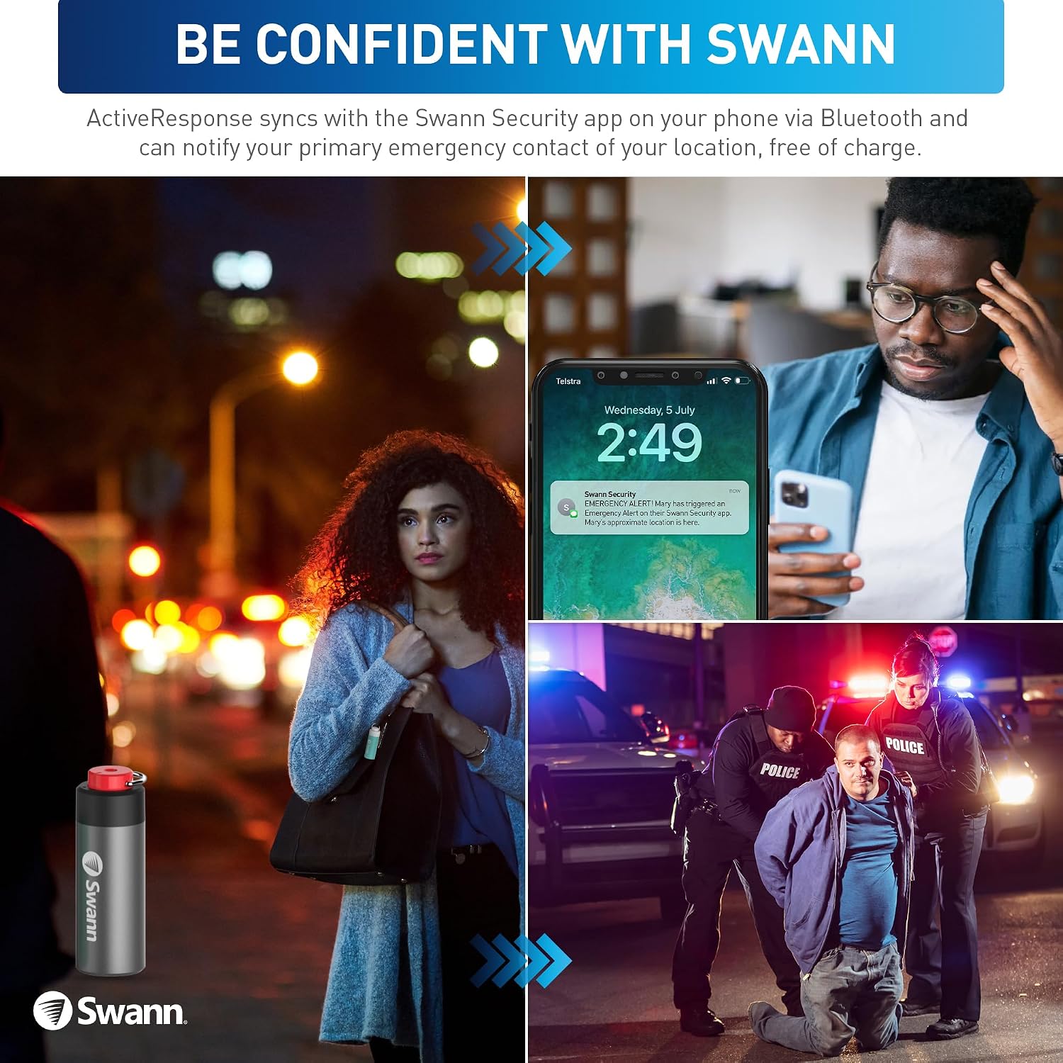 Swann ActiveResponse Mobile Personal Safety Alarm - 110dB Loud Emergency Siren with SMS Alerts & Mobile Connectivity, Long Battery Life, Smart SOS Safety Alarm, Key Chain, MPRS