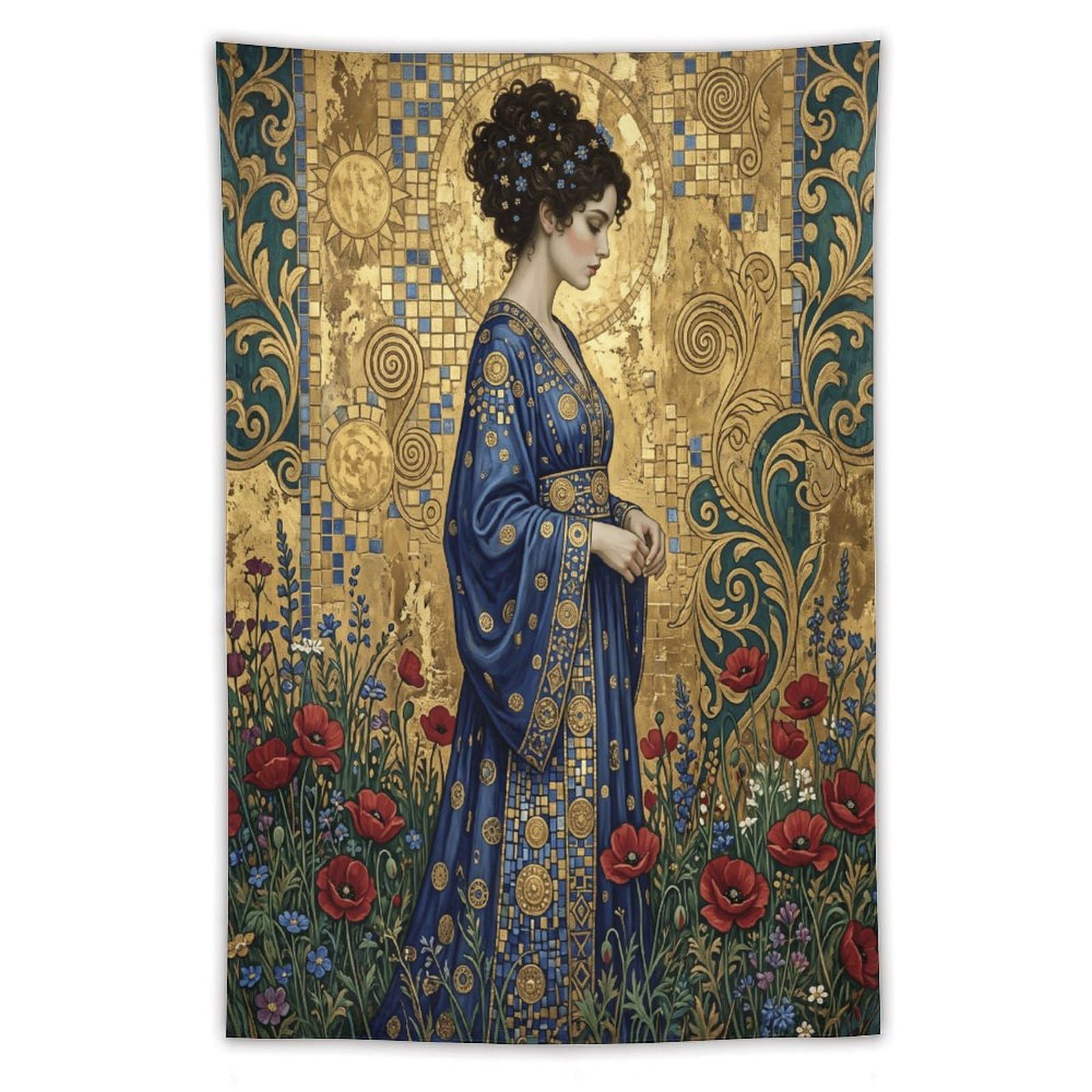 W7C8U2X3 Floral Golden Mosaic Woman Wall Tapestry, Mosaic, Bedroom