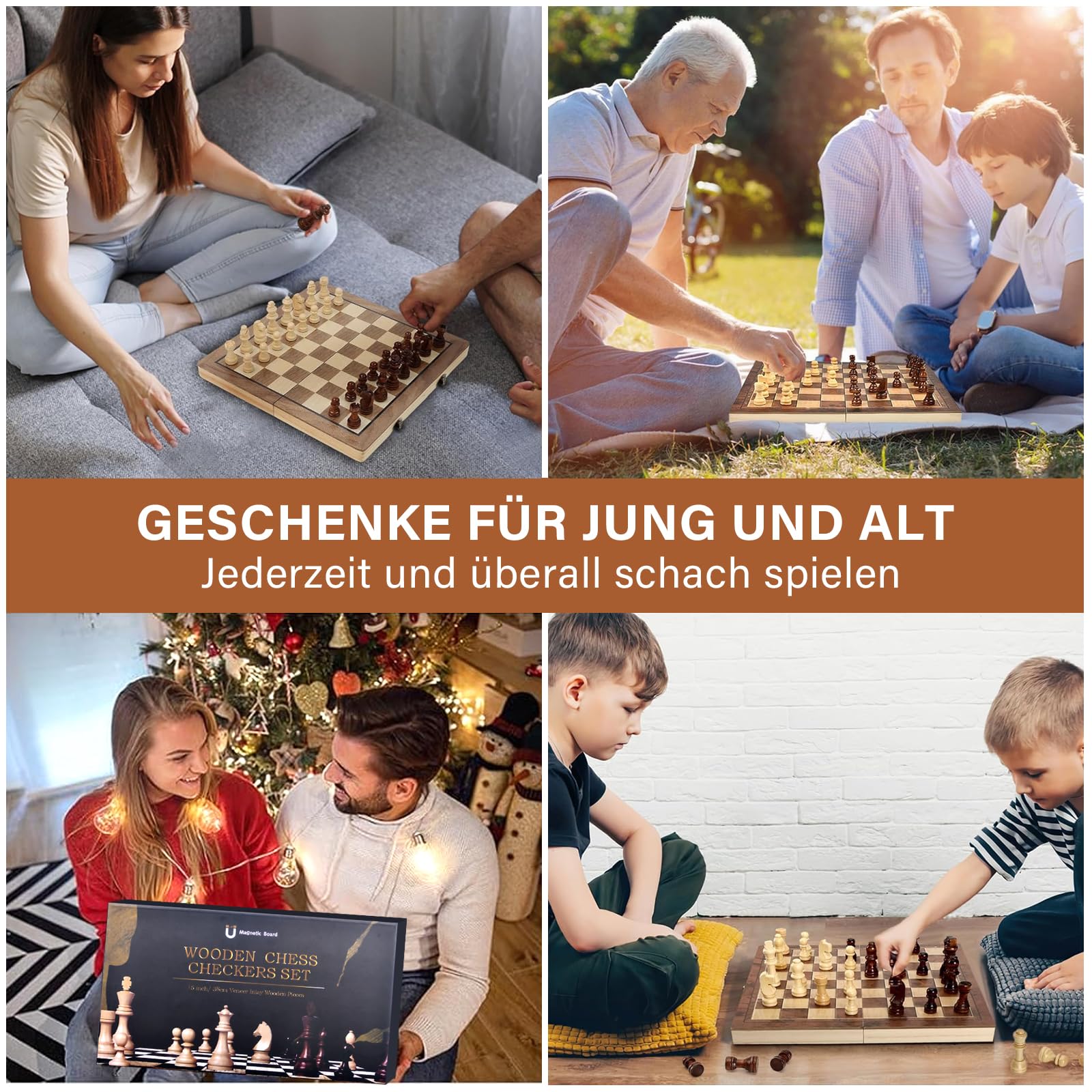 Jeu D'Échecs 39×39cm, 2 en 1 Echiquier Bois, Jeu d'Échec en Bois Pliable, Portable echiquier Magnetique, Chess Board pour Voyage Adultes et Enfants Débutants