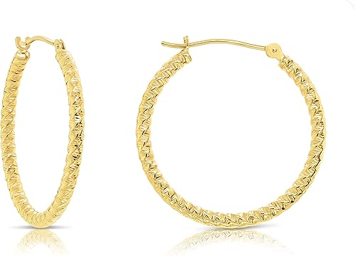 Pendientes de aro redondos texturizados en espiral de oro amarillo de 14 quilates, 0.079 in de grosor
