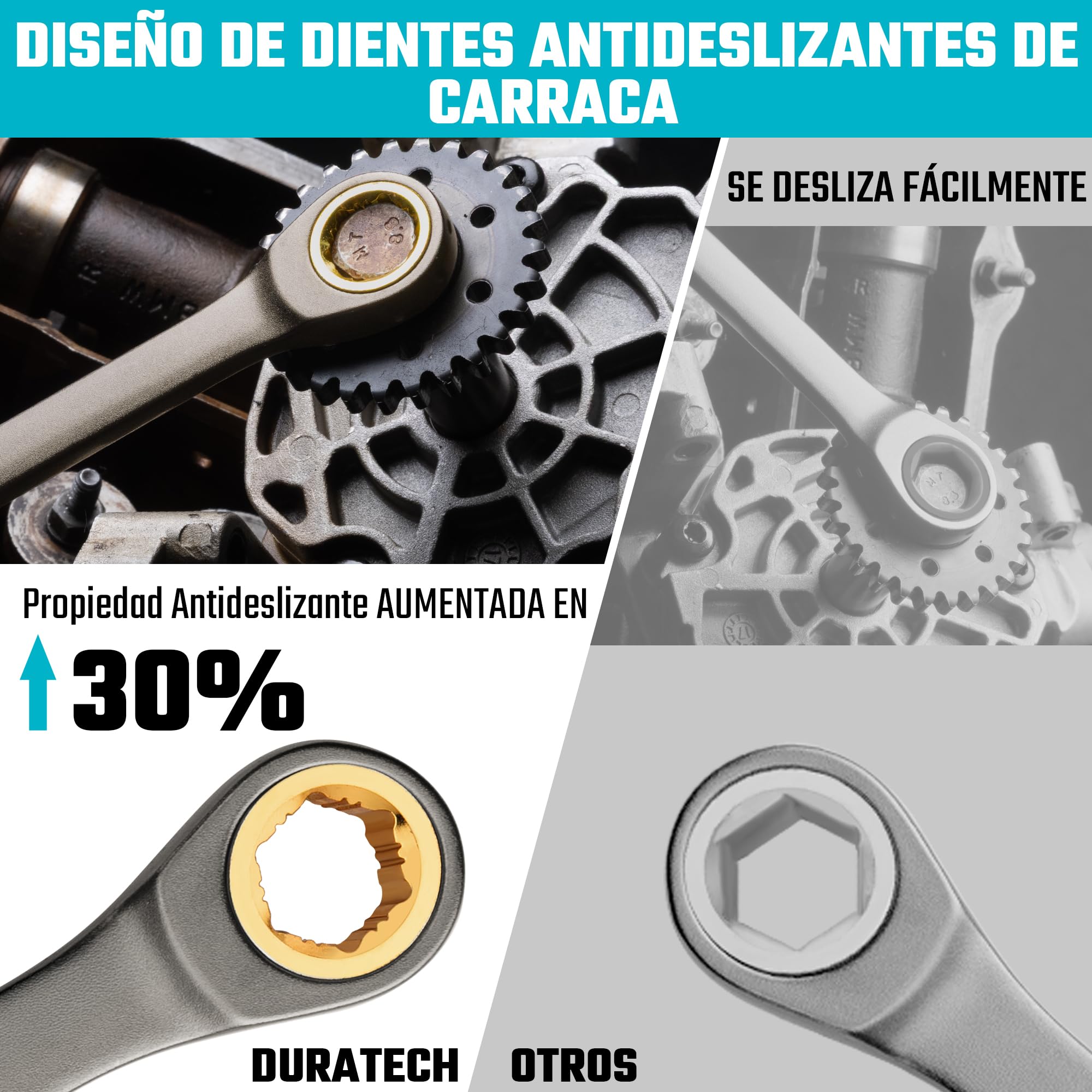 Duratech Juego de 10 llaves mixtas con trinquete antideslizantes, métricas 6-18 mm, 72 dientes, niqueladas, acero CR-V, con funda