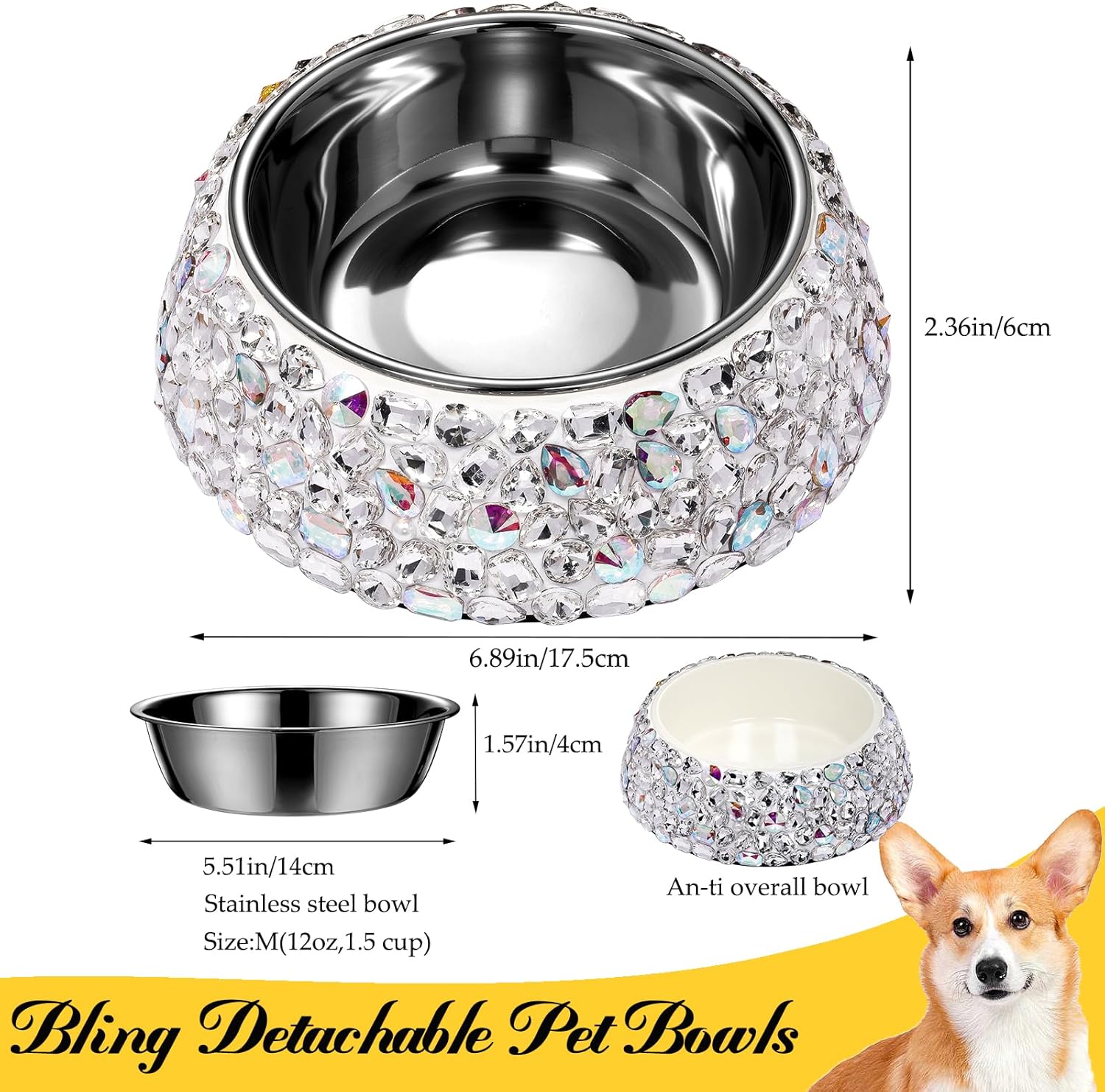 SlowVibes Bling Stainless Steel Dog Bowls,12oz Detachable Big Diamond Metal Food Water Bowl for Feeding Dogs Cats,Rust Resistant Non-Slip Puppy Dish,Sparkle Essentials for Small Medium Large Girl Pets