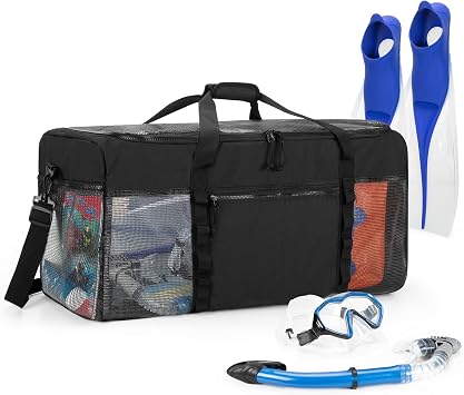 Fasrom XL Mesh Dive Duffel Bag for Scuba Diving Gear, Oversized Sport Duffle Bag for Snorkeling, Swimming, Beach and Gym Items, Black Empty Bag Only