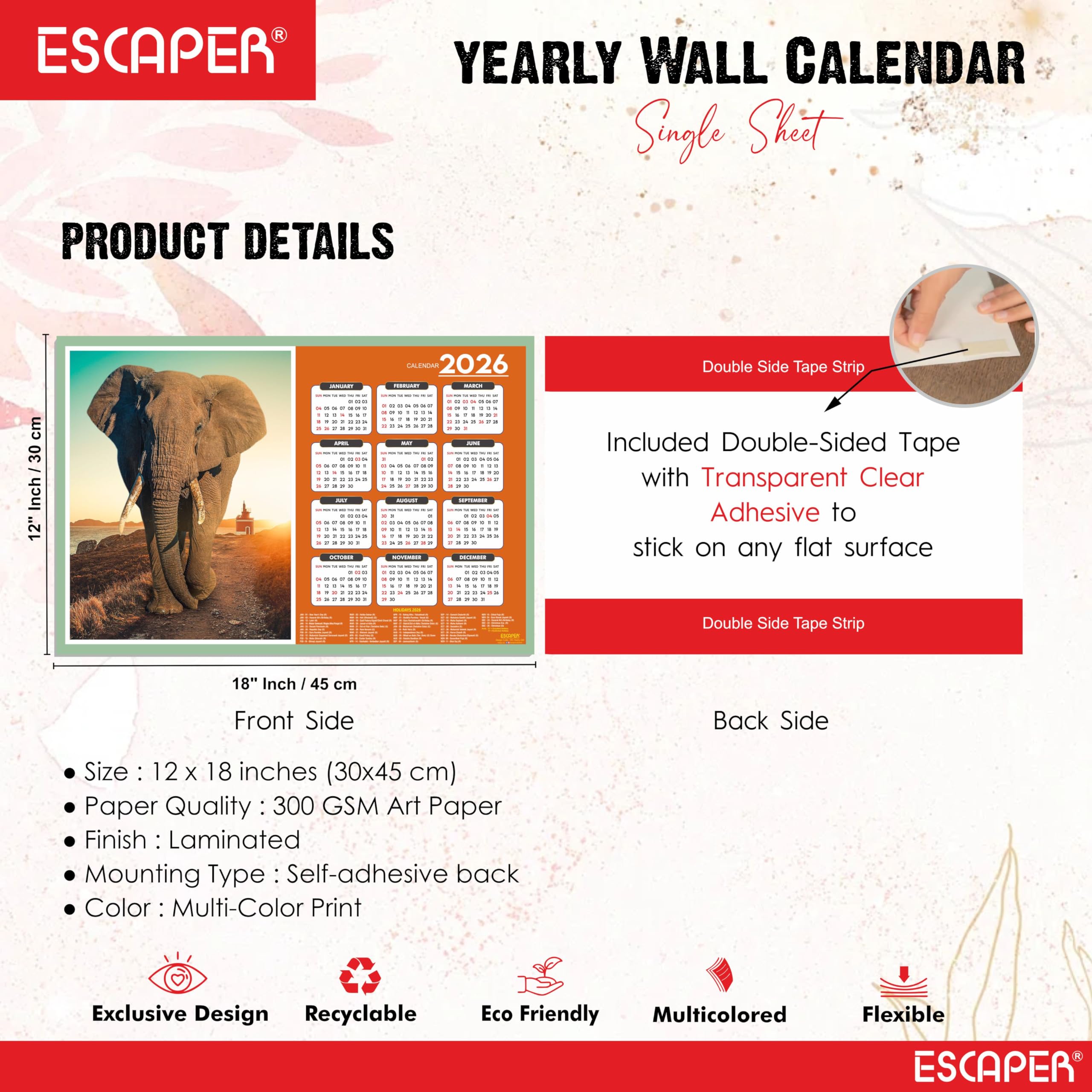 ESCAPER Calendario de pared de animales 2026 - 45 x 30 cm, fotos de león, tigre, elefante, caballo y pantera, calendario de decoración de pared para el hogar, oficina y habitación de los niños