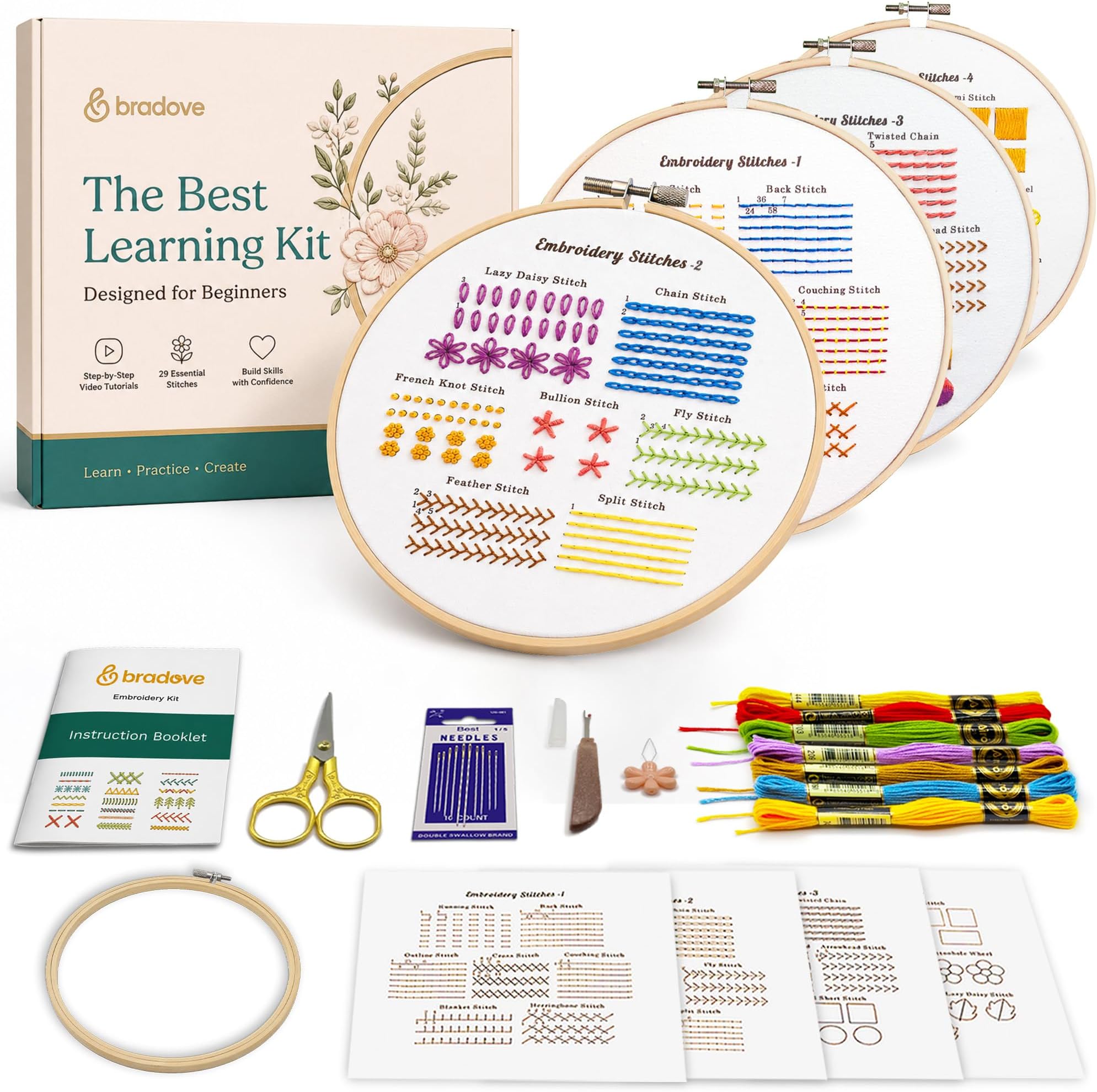 4 Set Embroidery Stitches Practice Kit, Embroidery Kit for Beginners with Embroidery Patterns, Beginner Embroidery Kit, Crewel Embroidery Kits for Adults, Hand Embroidery Kit, Embroidery Kit for Kids