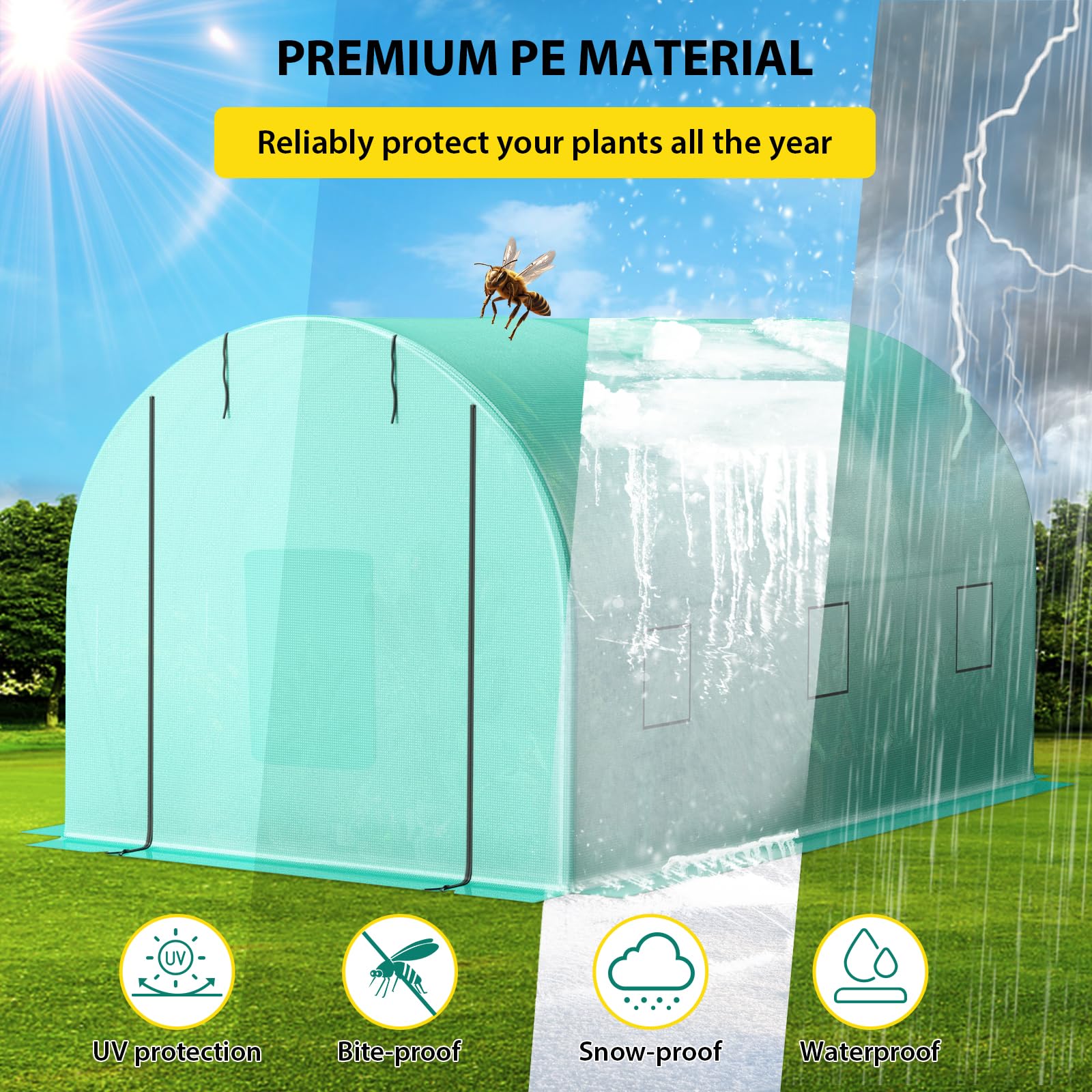 Garvee Serra da Giardino a Tunnel 2,44x3,96x2,13m, Serra per Orto con 2 Porte con Cerniera e 6 Finestre, Telo in PE Rinforzato 140g/m² e Struttura in Acciaio Zincato, Verde