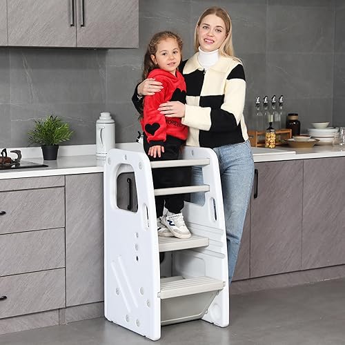 Miniatura 6 de SDADI Taburete de cocina para niños pequeños, taburete de plástico para niños con 3 alturas ajustables, doble riel de seguridad y almohadillas